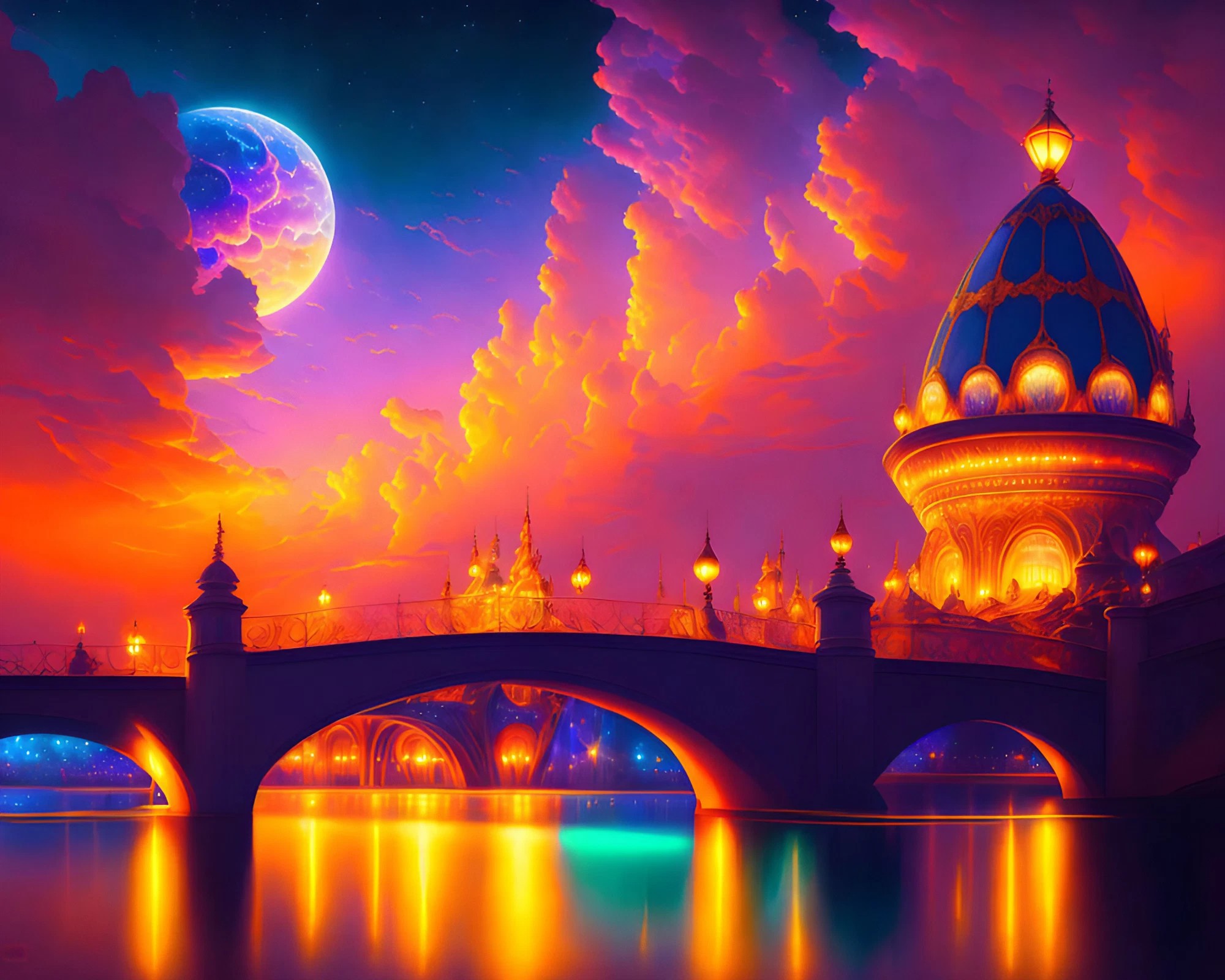 虹色の夜空と大きな月のインド＆水の街と橋と街灯の無料壁紙素材