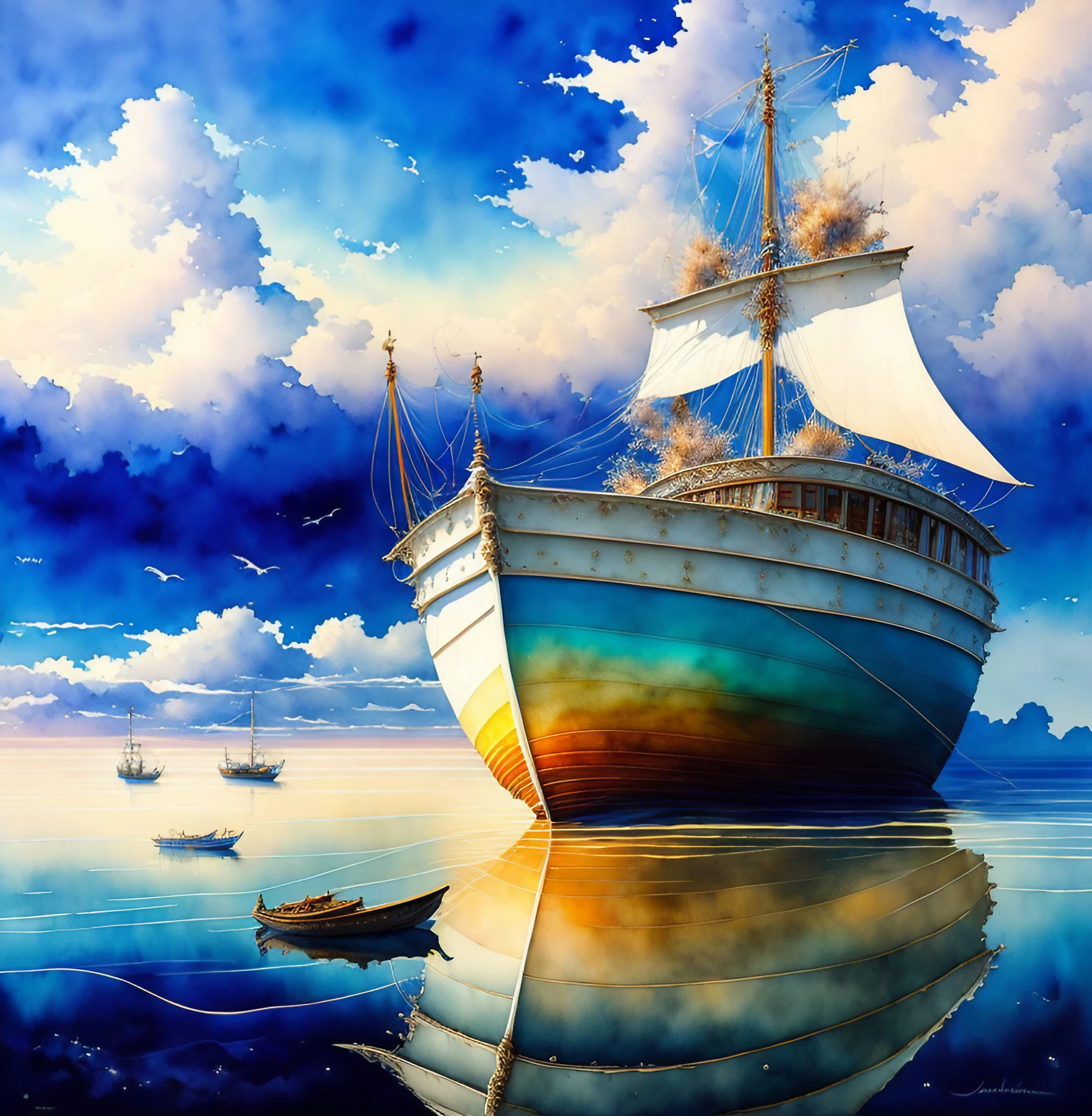 静かな海とかっこいい船に青い空ときれいな雲のリアルイラスト