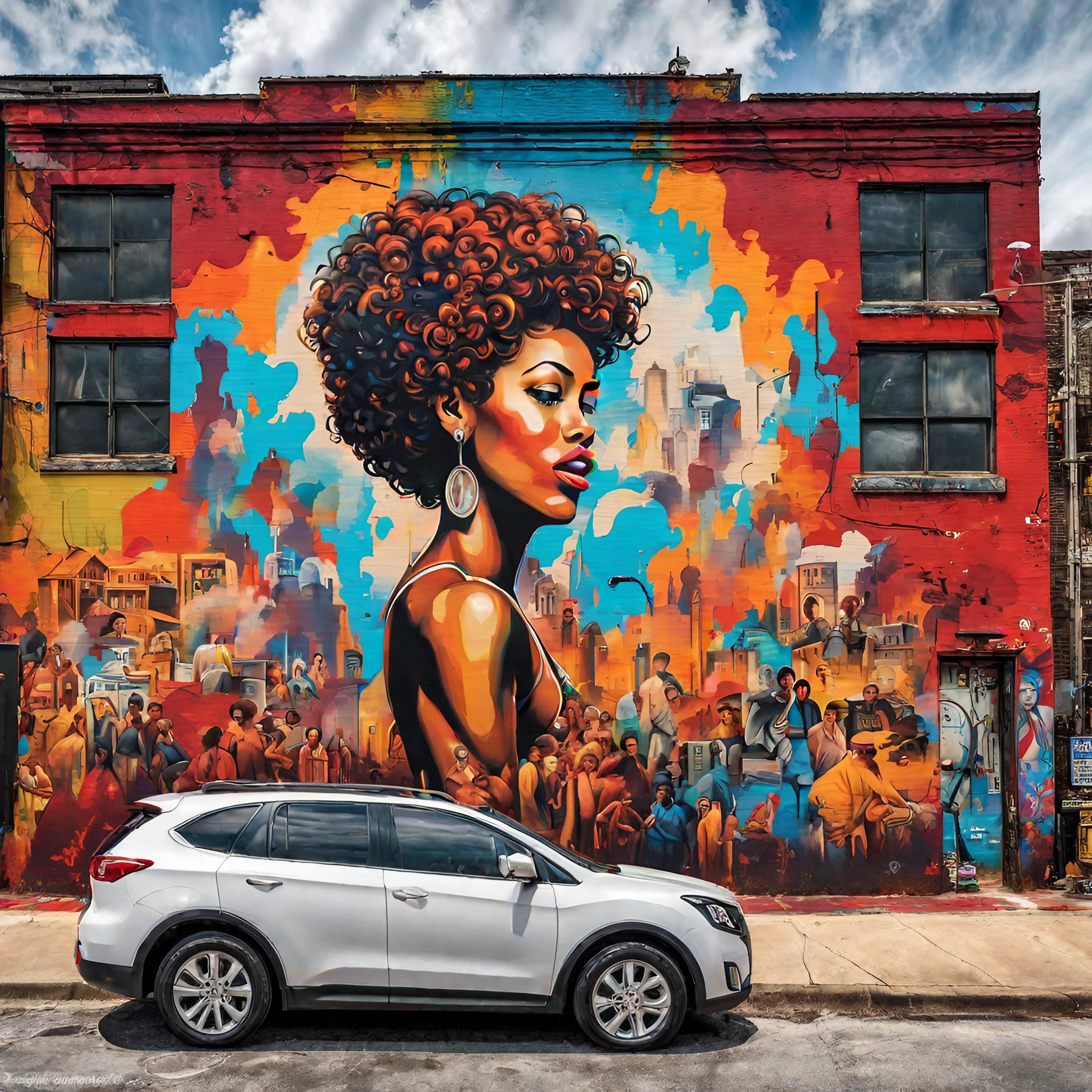 ダウンタウンの壁の落書き＆かっこいいアフロ女性のスプレーアートな無料リアル写真風イラスト