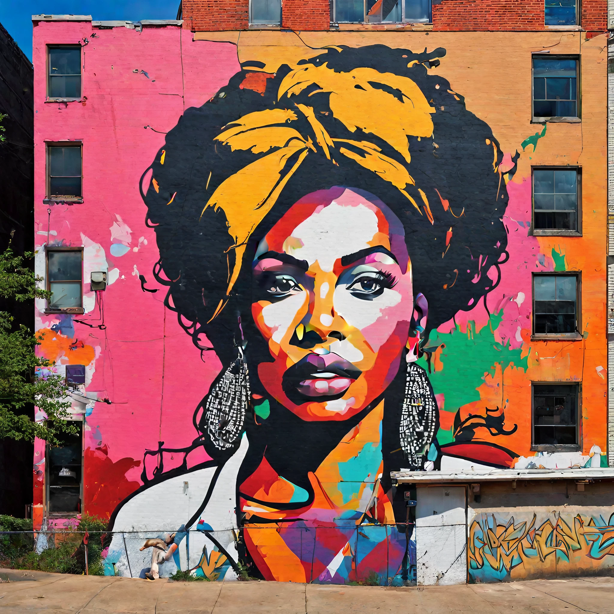 海外のビルの壁の落書き＆アートな黒人女性の無料リアル写真風壁紙