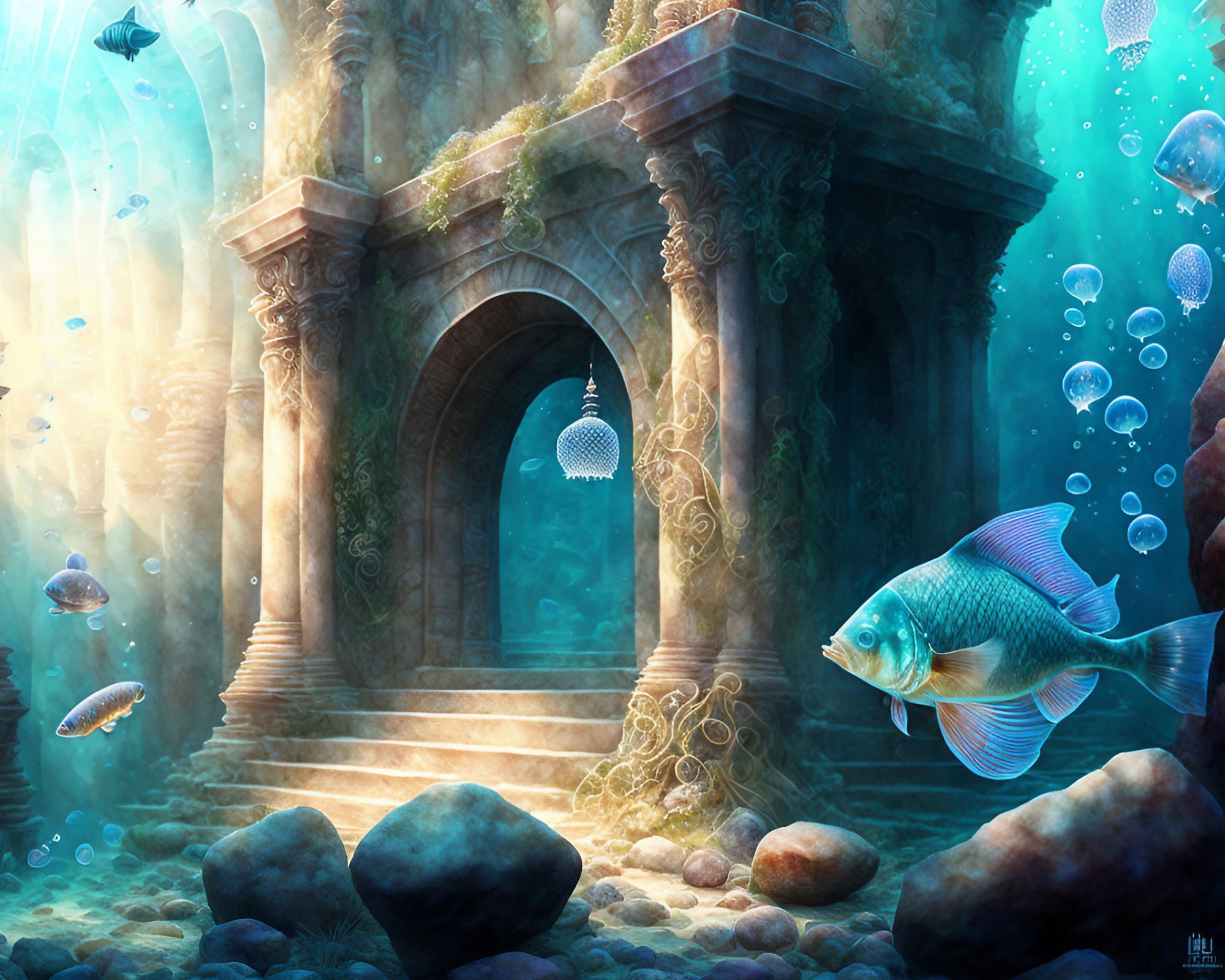 海底のファンタジーなお城＆幻想的な海の中とクラゲと青い熱帯魚