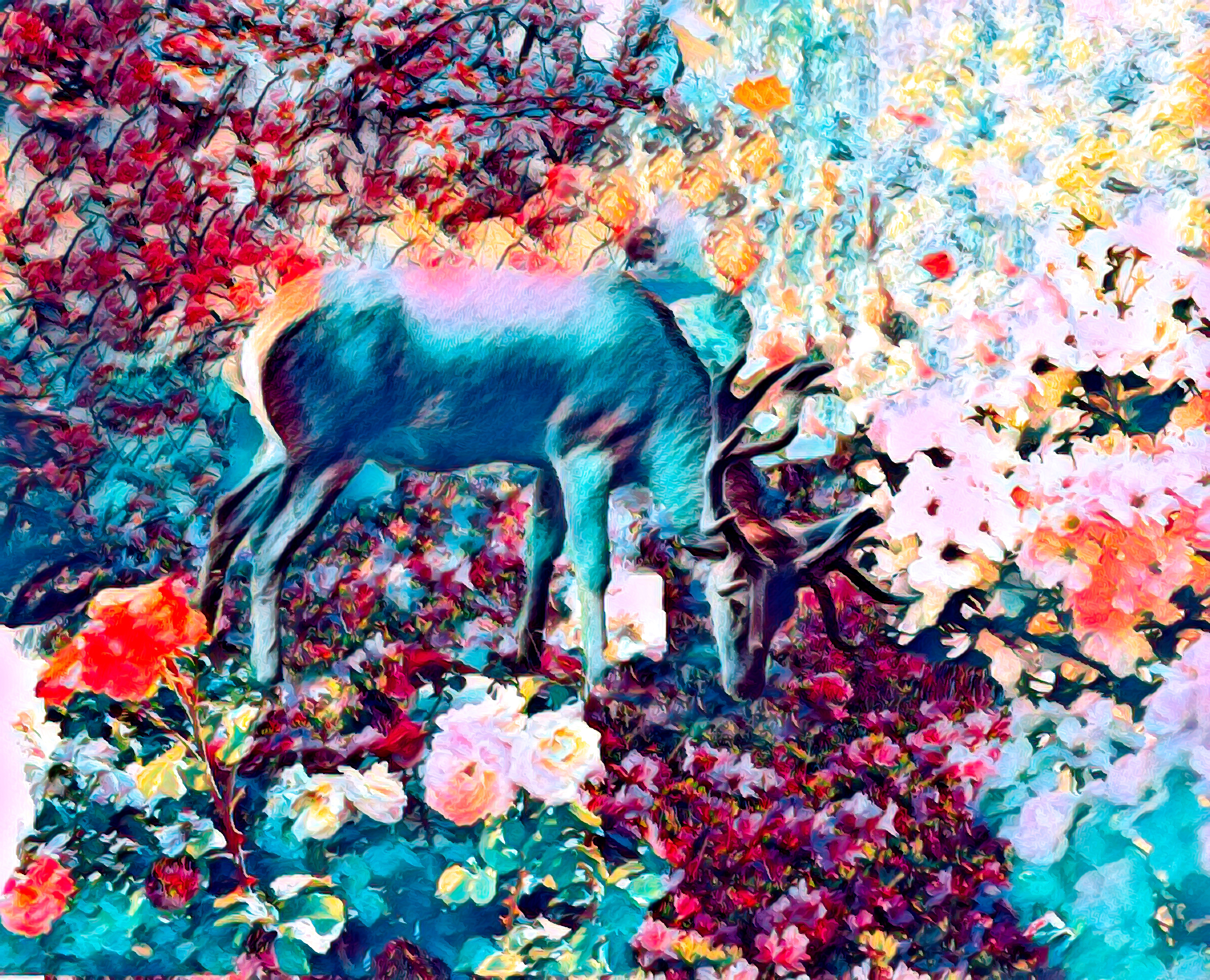 お花畑と鹿のカラフルでリアルな風景：油絵