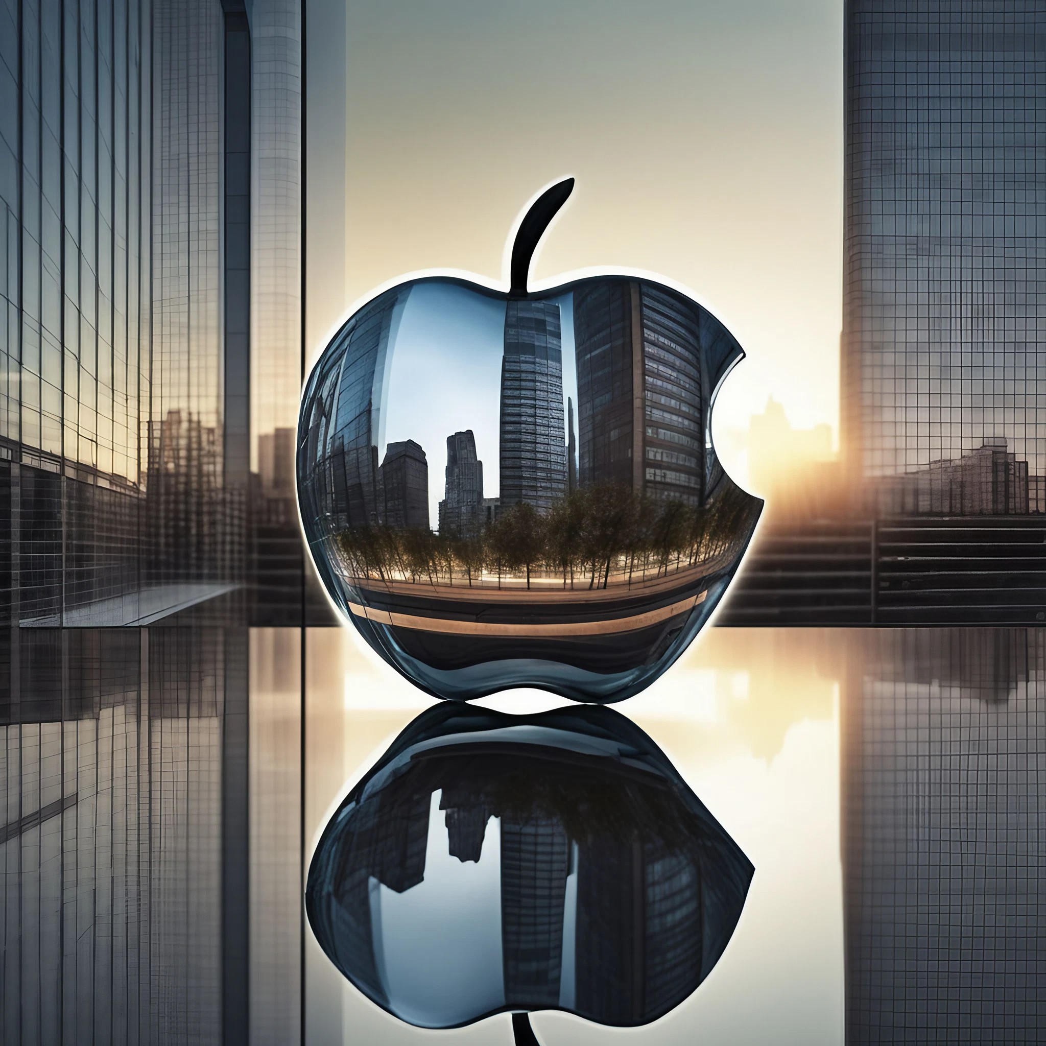 かっこいいガラスの透明なリンゴと大都市のビルのモダン風無料写真画像素材