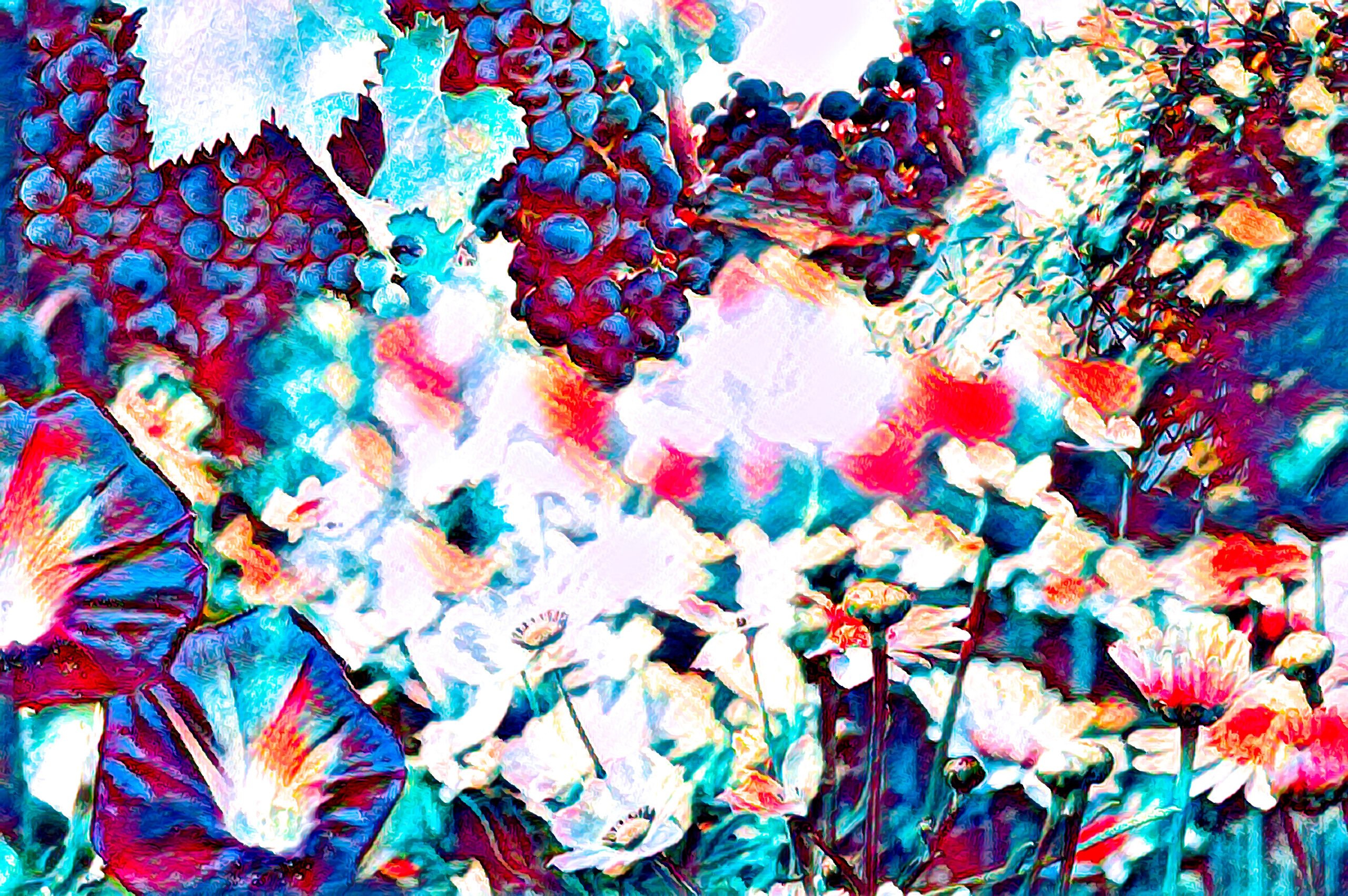 ・ブドウと花畑とかわいい＆おしゃれな油絵：シャープ