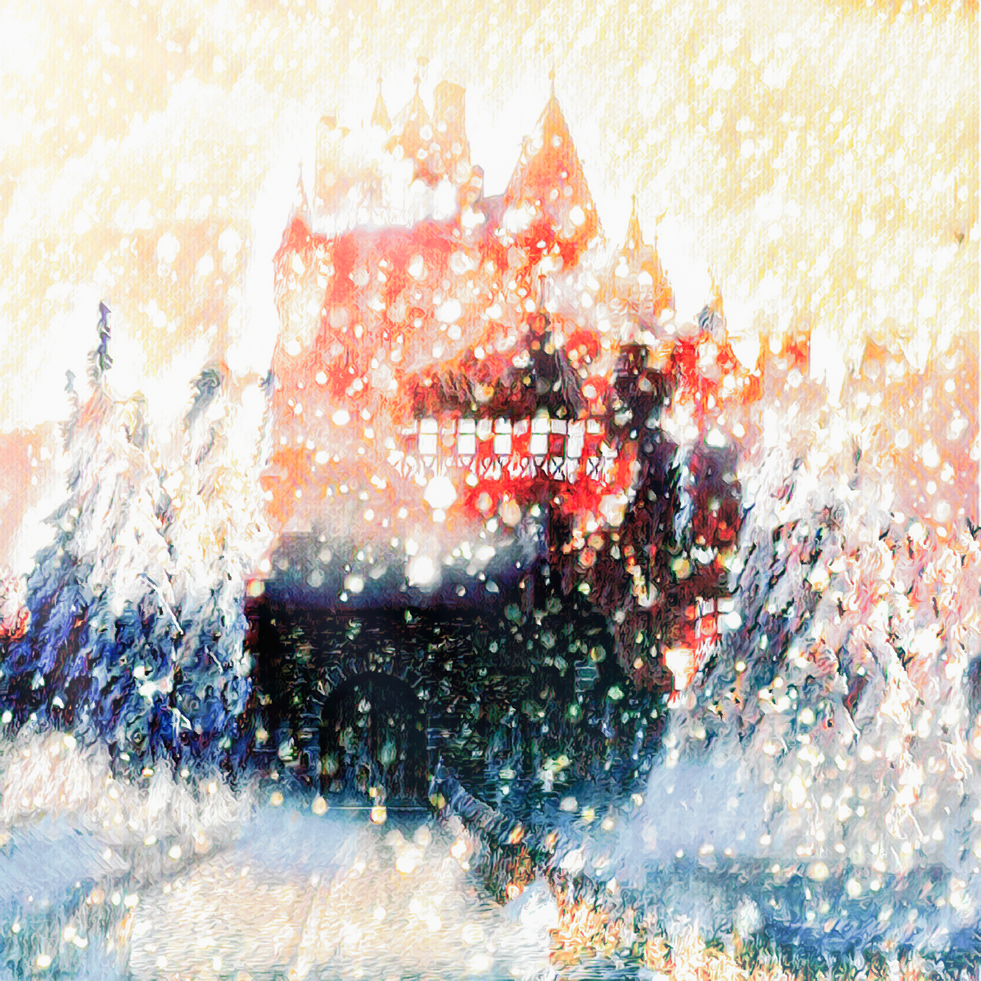 夕焼けに輝く雪山の城と幻想的な景色：ライトニング