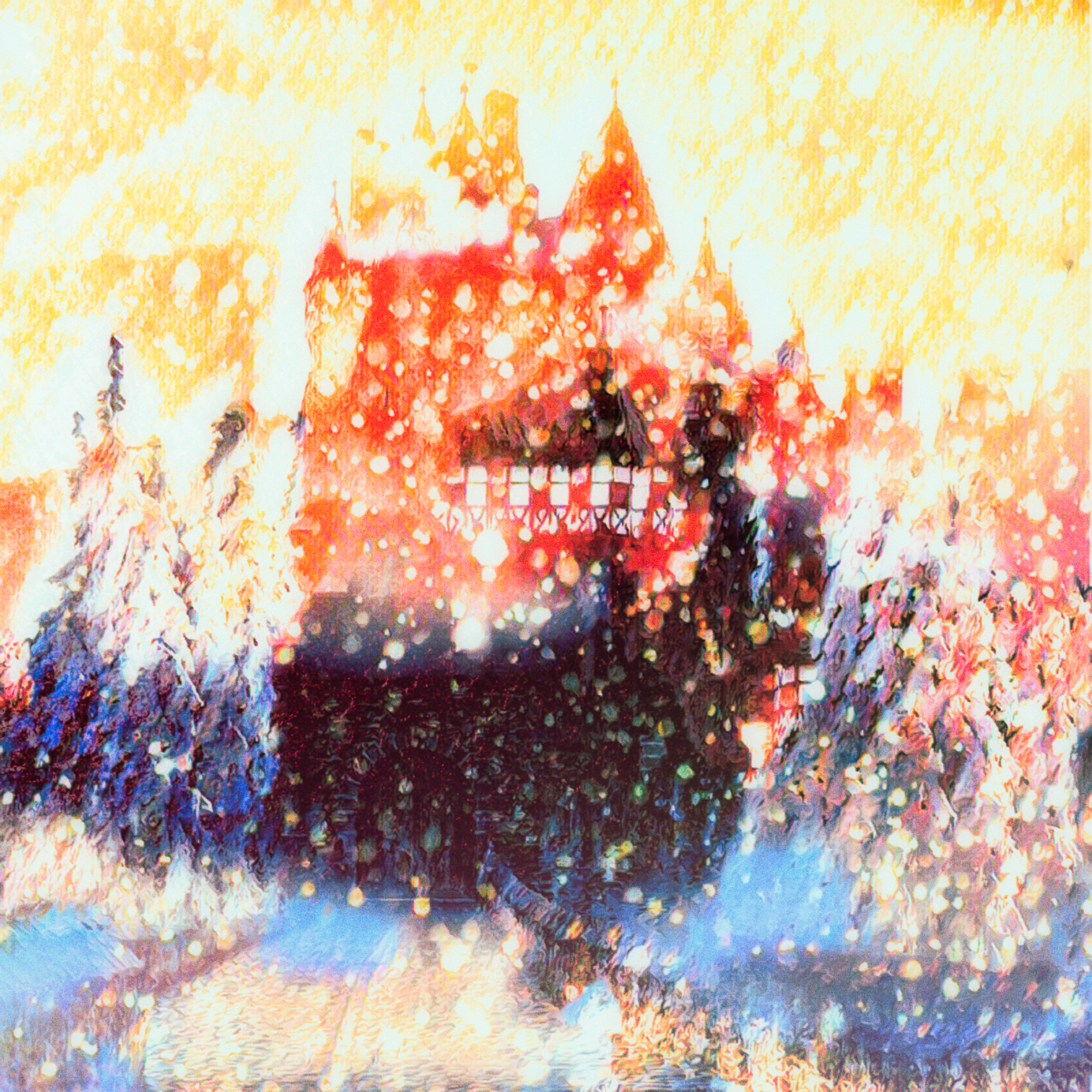 夕焼けに輝く雪山の城と幻想的な景色：幻想