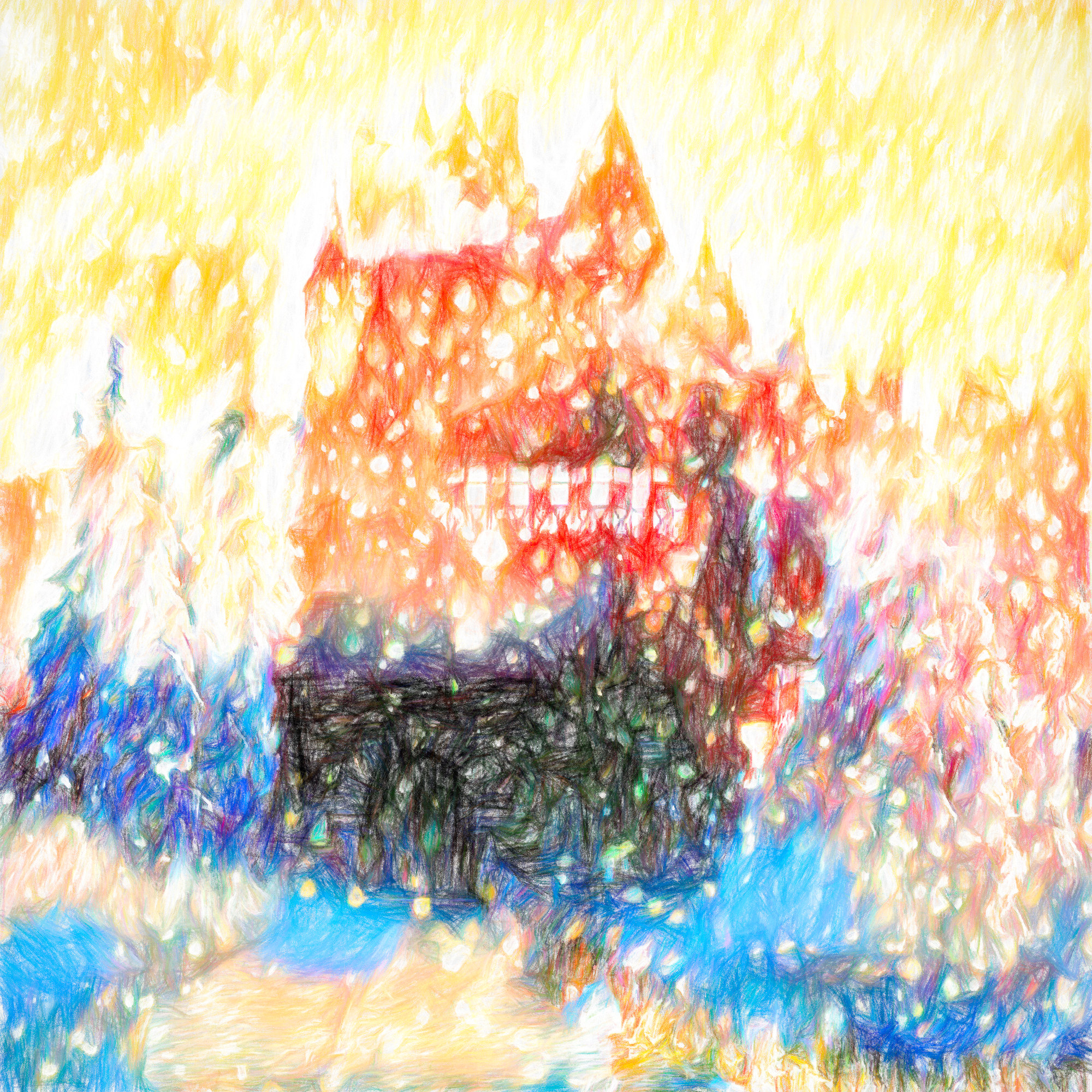 夕焼けに輝く雪山の城と幻想的な景色：色鉛筆