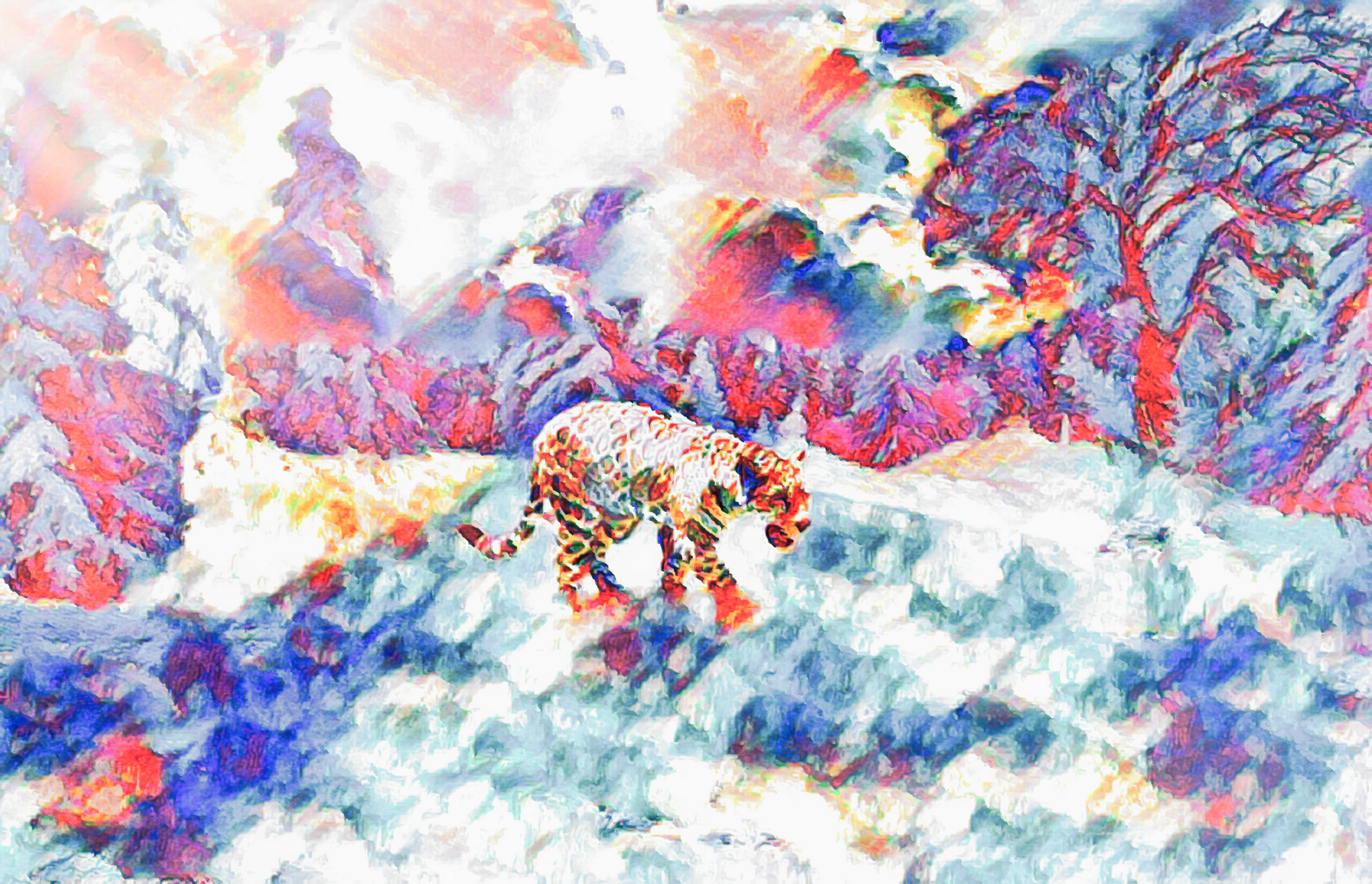 夜明けの雪山と豹のかっこいい印象：太陽の光