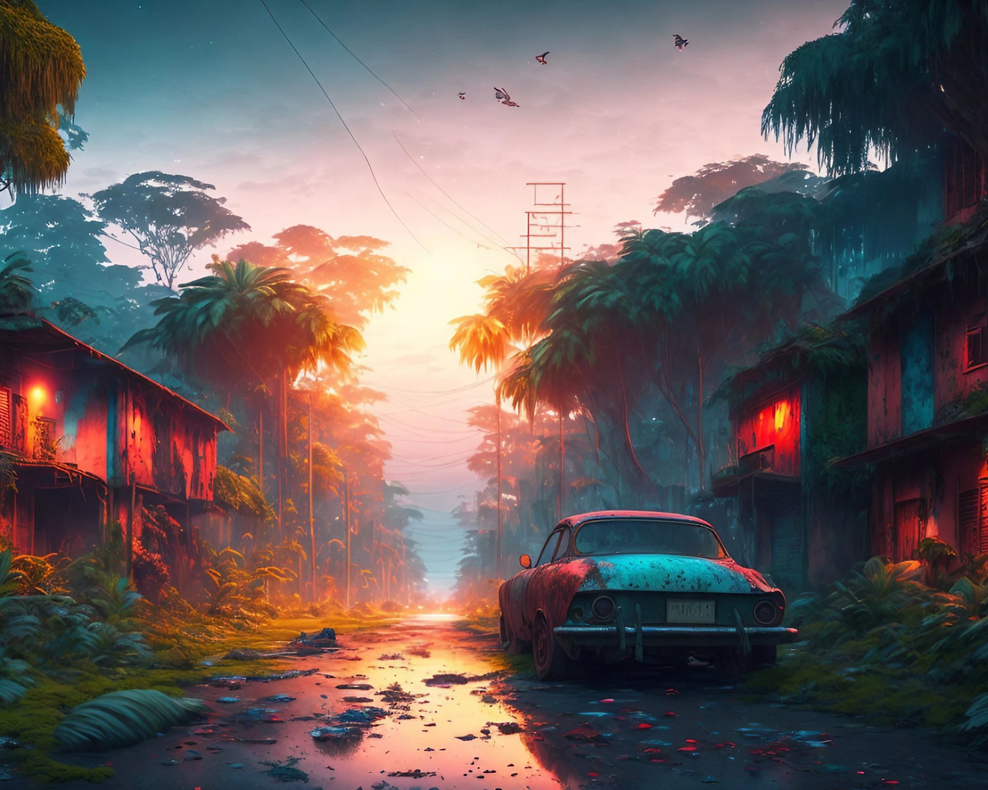朝日に輝くジャングル＆アジアの田舎町の道路＆かっこいい光る車と鳥