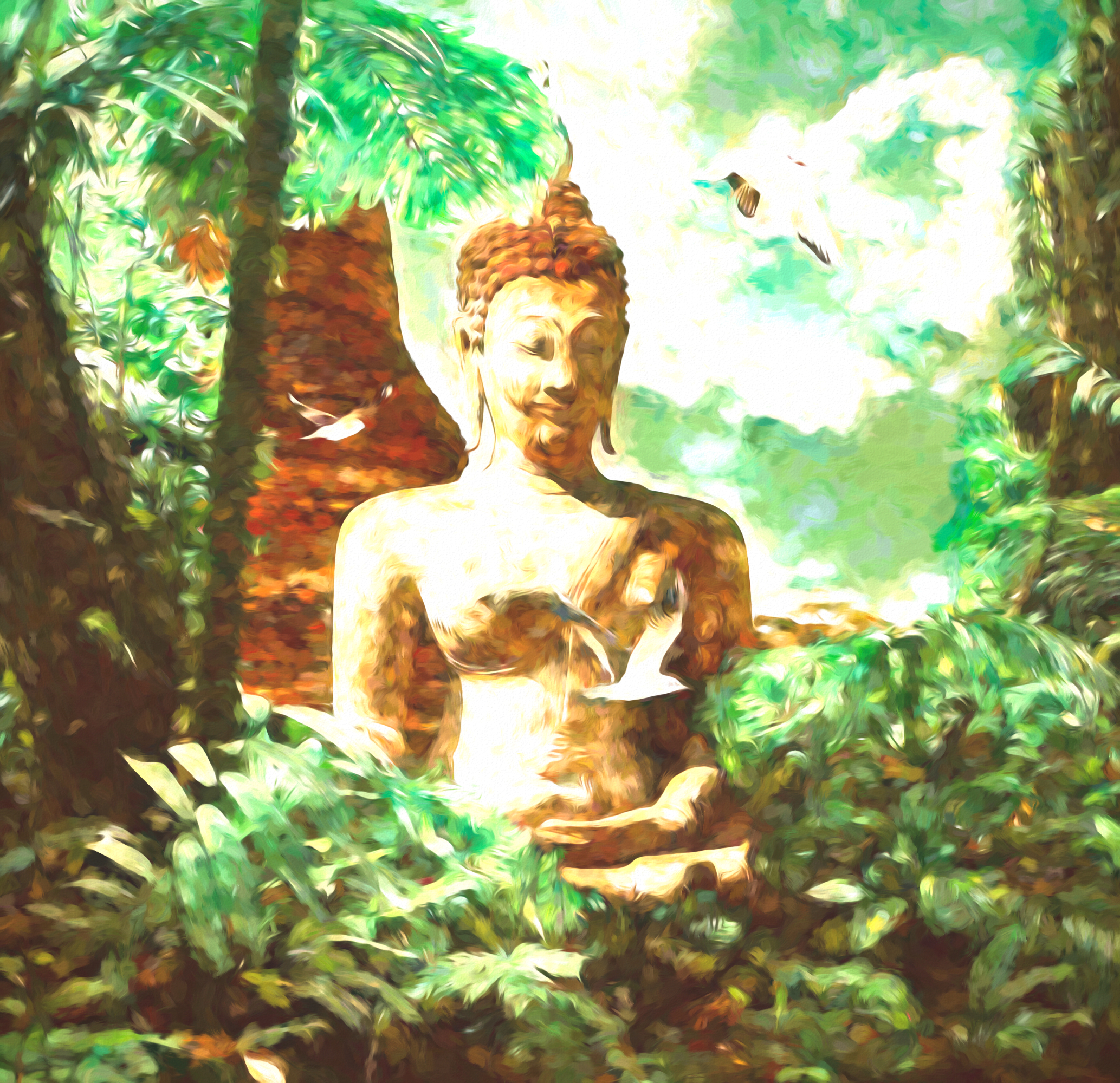 森の中の遺跡と仏像と飛ぶ鳥のキレイな景色：水彩