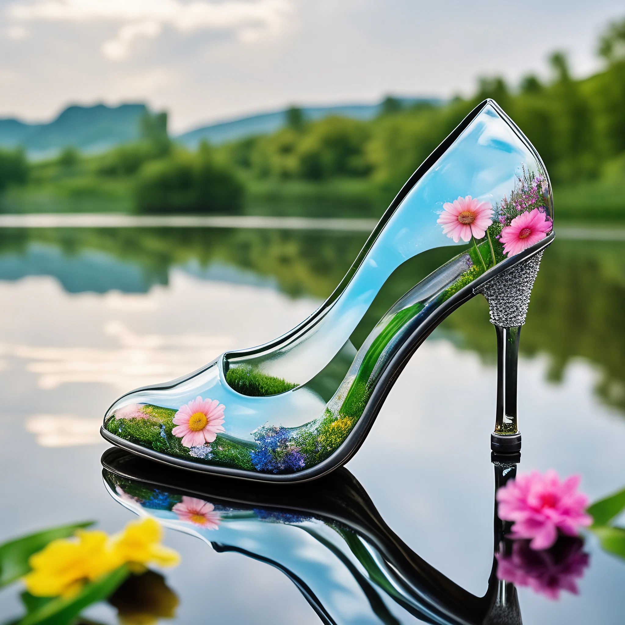 透明でかわいいガラスのシンデレラ風のハイヒールと美しいピンクの花の自然の無料写真画像素材