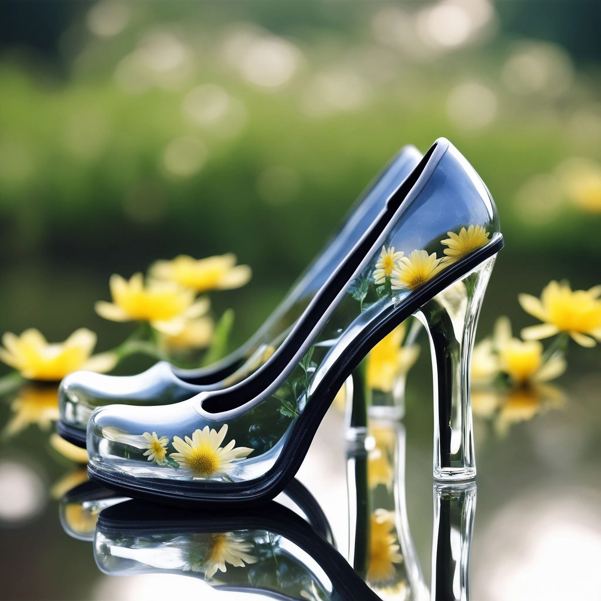 透明でかわいいガラスのシンデレラ風のハイヒールと美しい花々の自然の無料写真画像素材