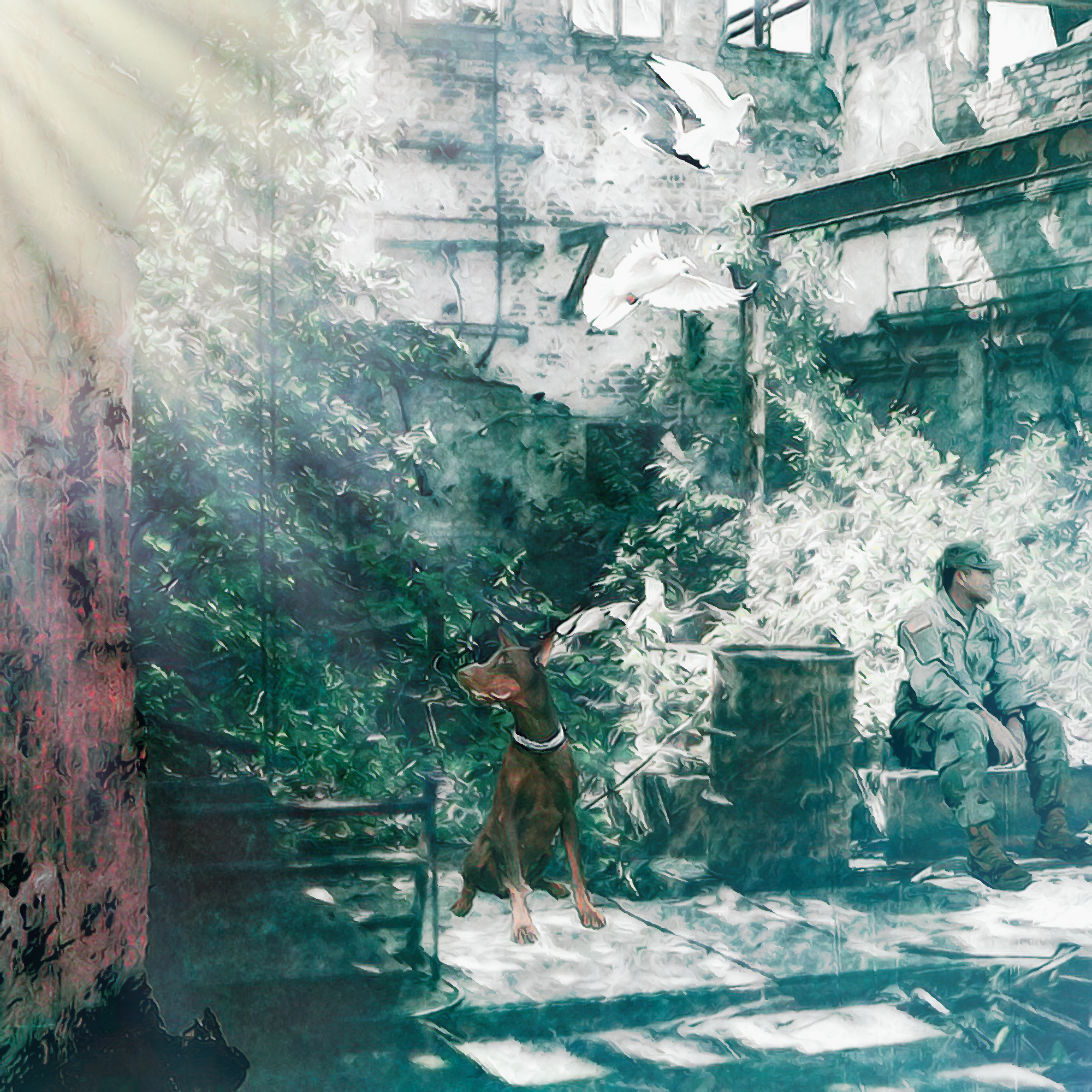 無料壁紙 背景画像素材 廃墟で休憩中の犬と軍服を着た兵隊 Free Illustlation くりえいてぃぶ