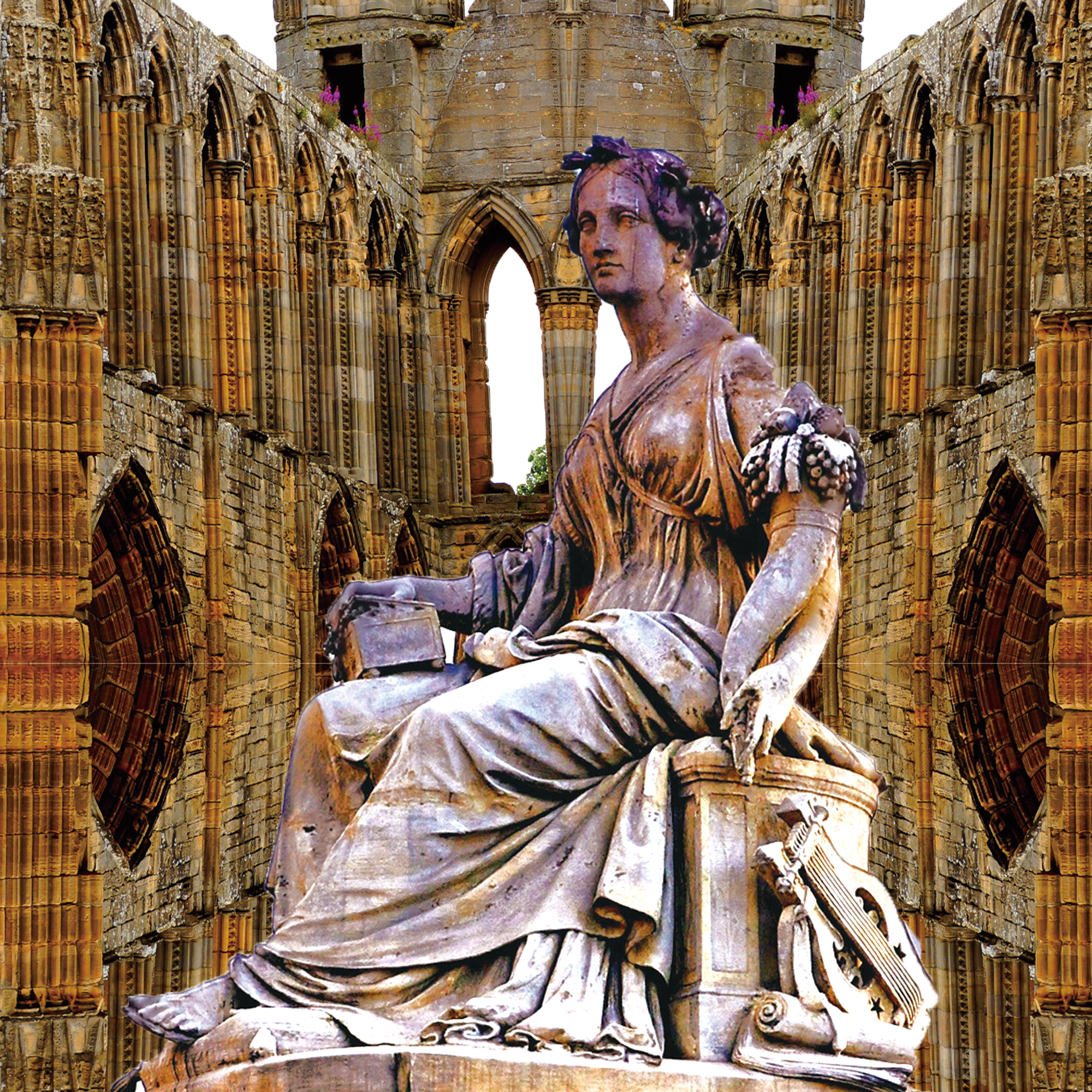 空中神殿の台座に座る男性彫刻像：リアル