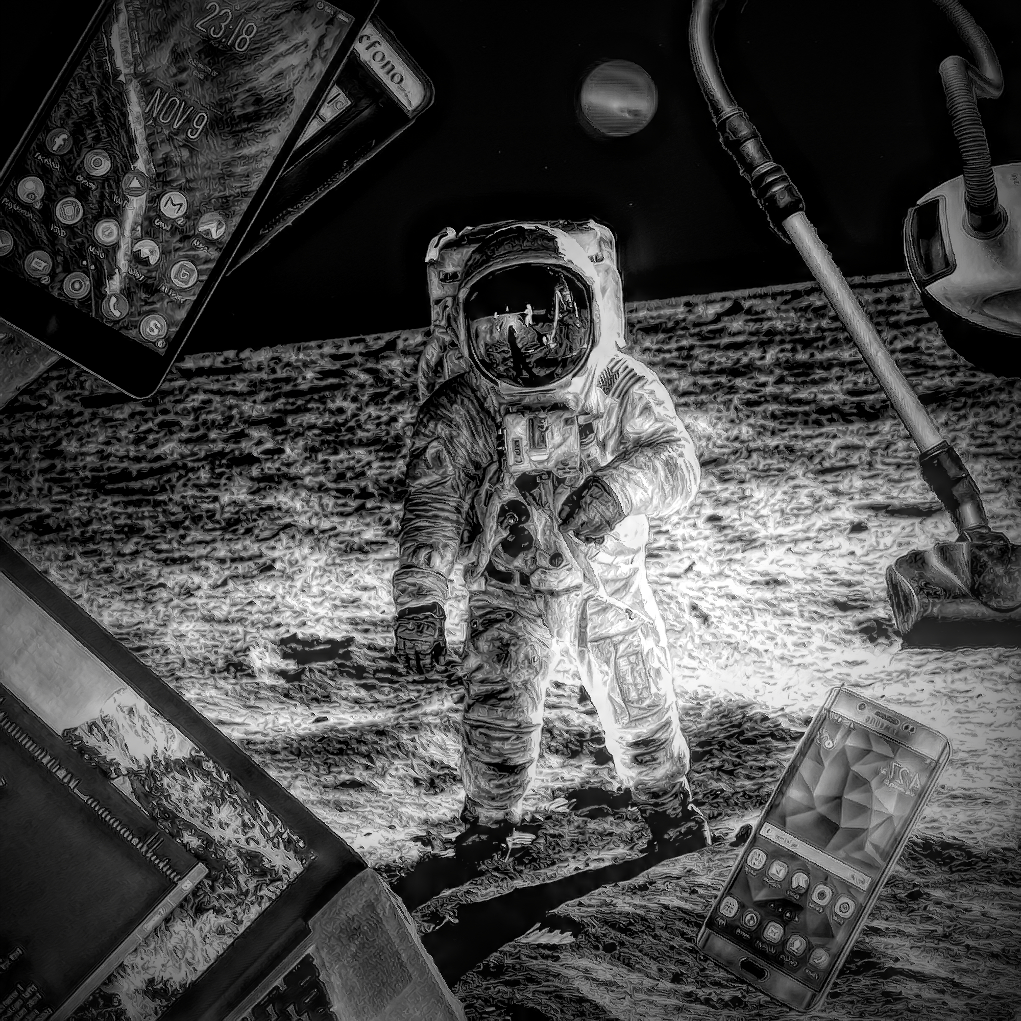 SF世界の宇宙飛行士とデジタル製品：モノクロ