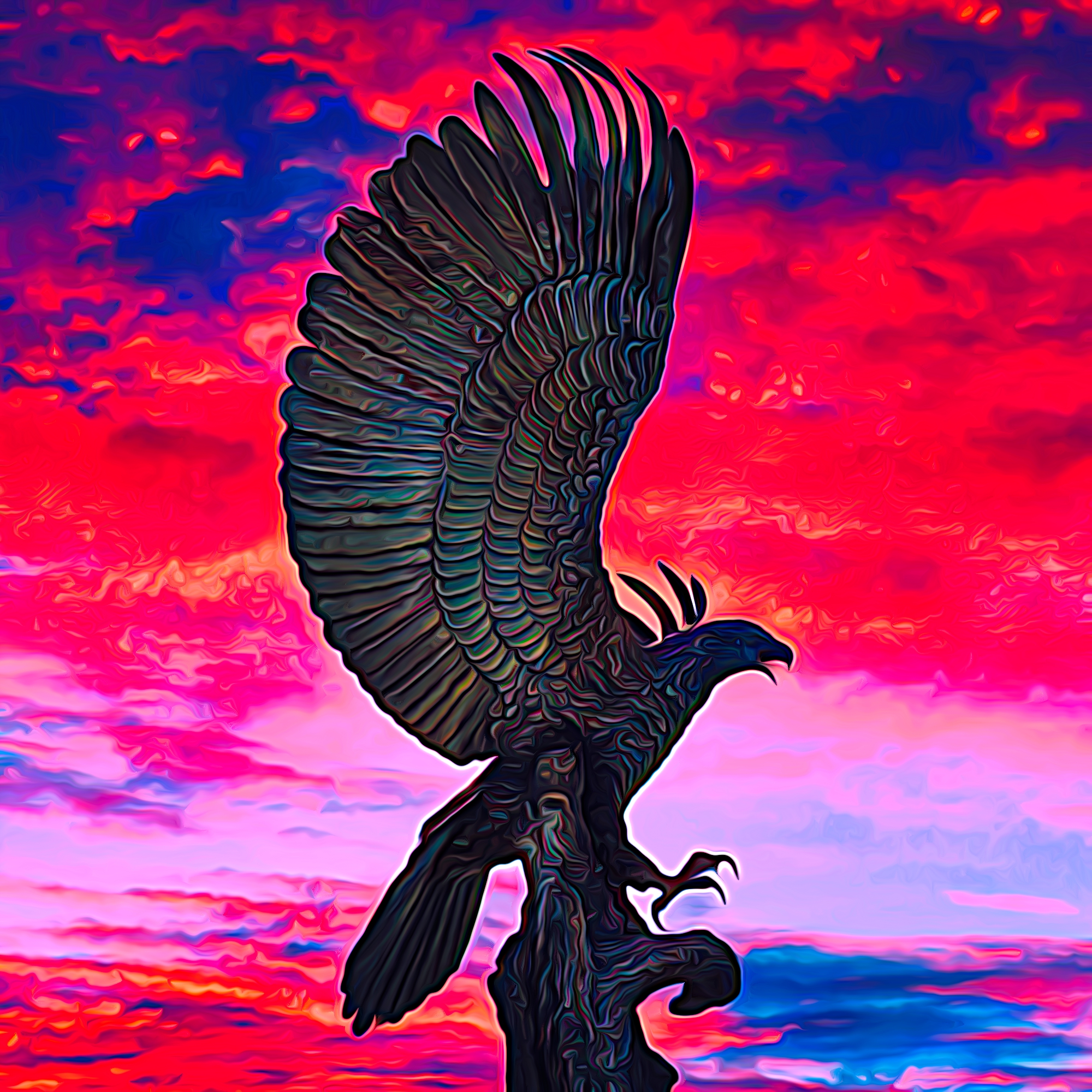 きれいな空と夕日の中の鳥の彫刻：サインペン