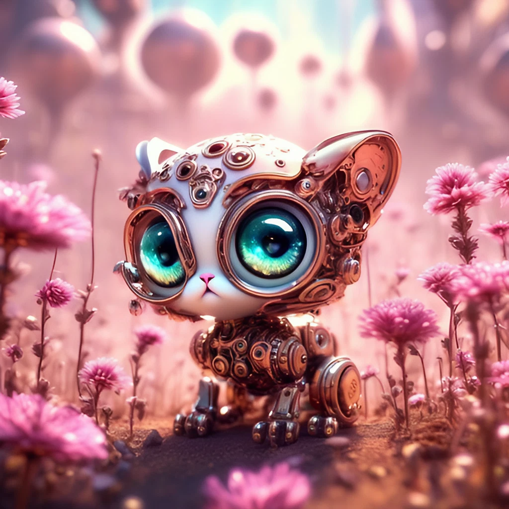 ピンクのかわいい大きな目の猫型ロボット＆美しい花畑の3D風リアルイラスト画像