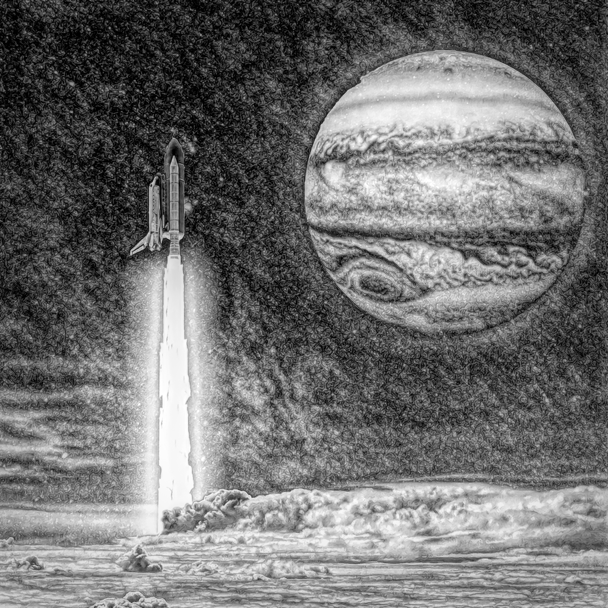 宇宙とスペースシャトルと惑星のSF絵：モノクロ