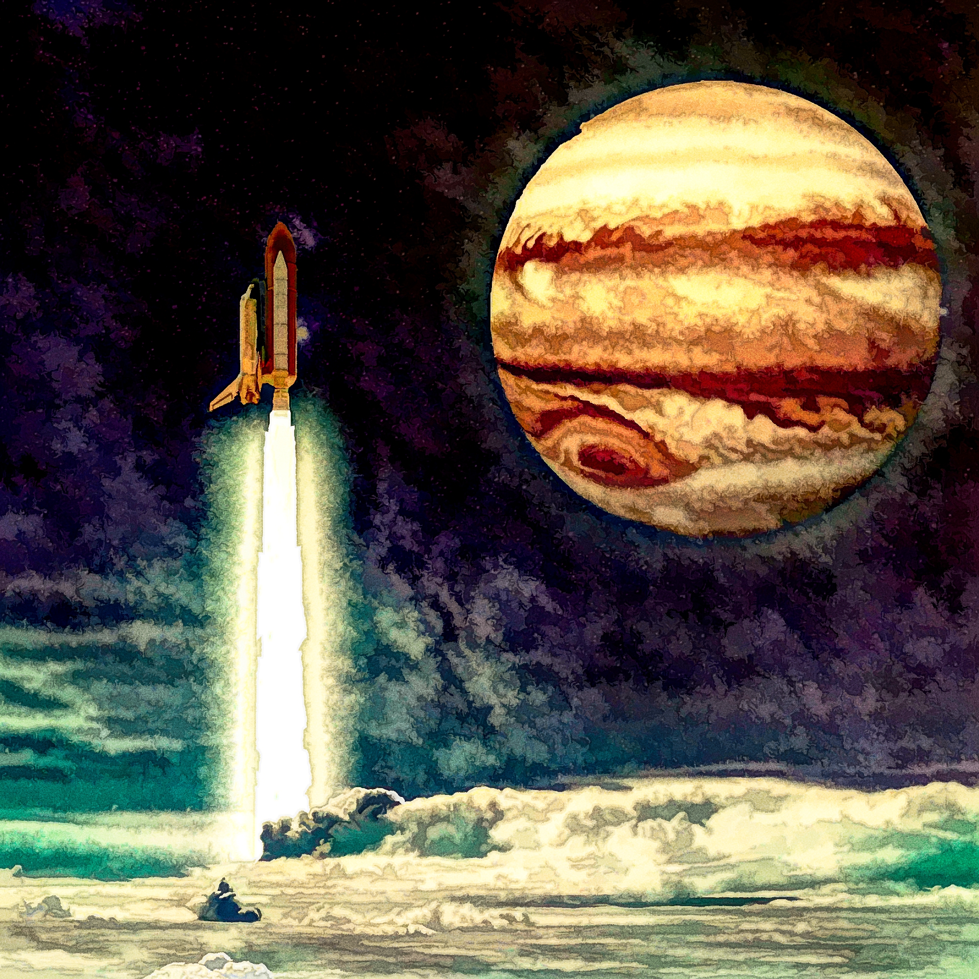 宇宙とスペースシャトルと惑星のSF絵：油絵