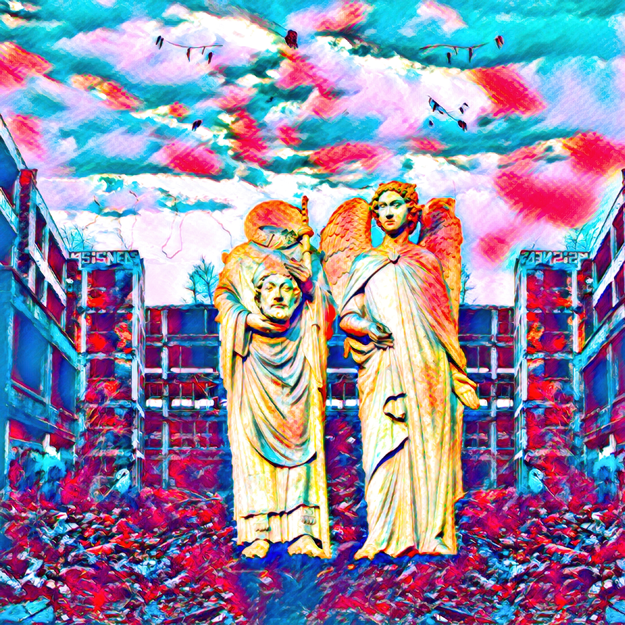廃墟とカラフル夕日と空の天使の彫刻：カラフル