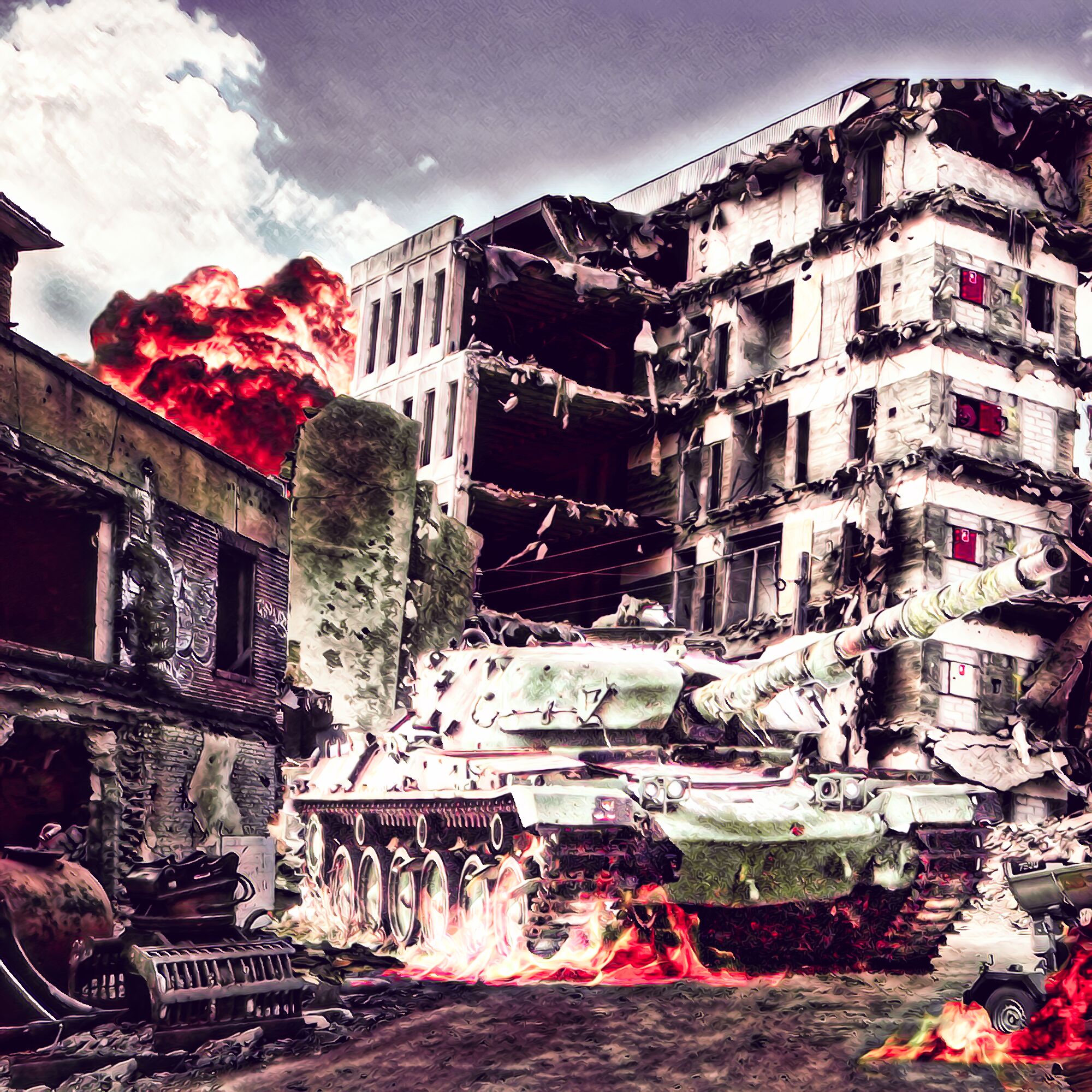 廃墟を進戦車＆爆発で崩壊した都市：リアル
