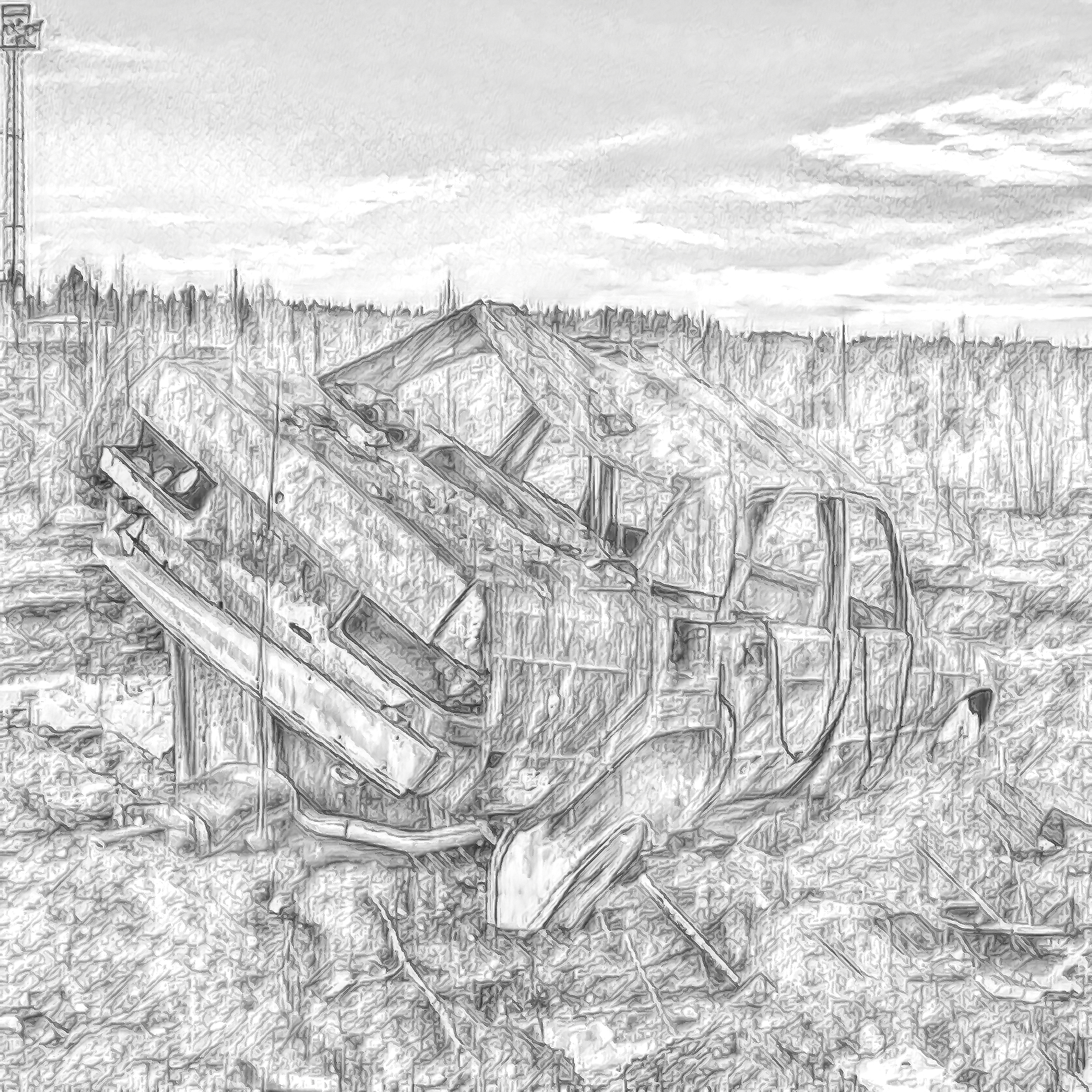 廃棄された車と瓦礫と寂しい夕日空 モノクロ