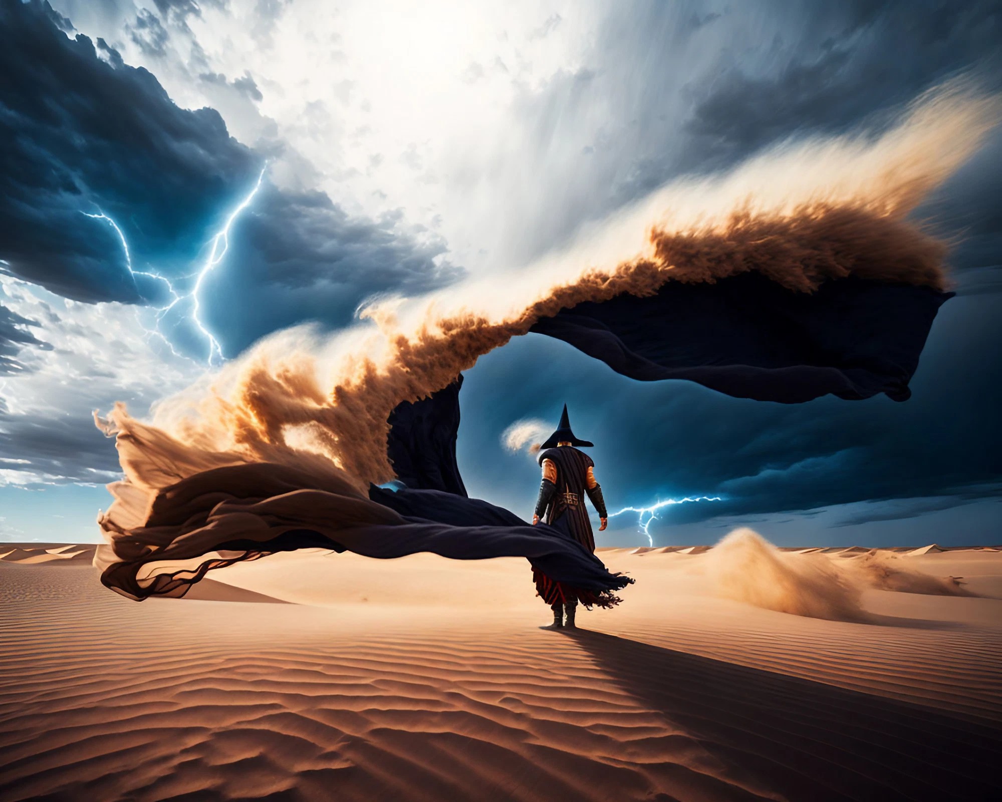 砂漠の中を歩くかっこいい魔法使いの後ろ姿＆台風の砂嵐と稲妻が走る竜巻の無料壁紙素材