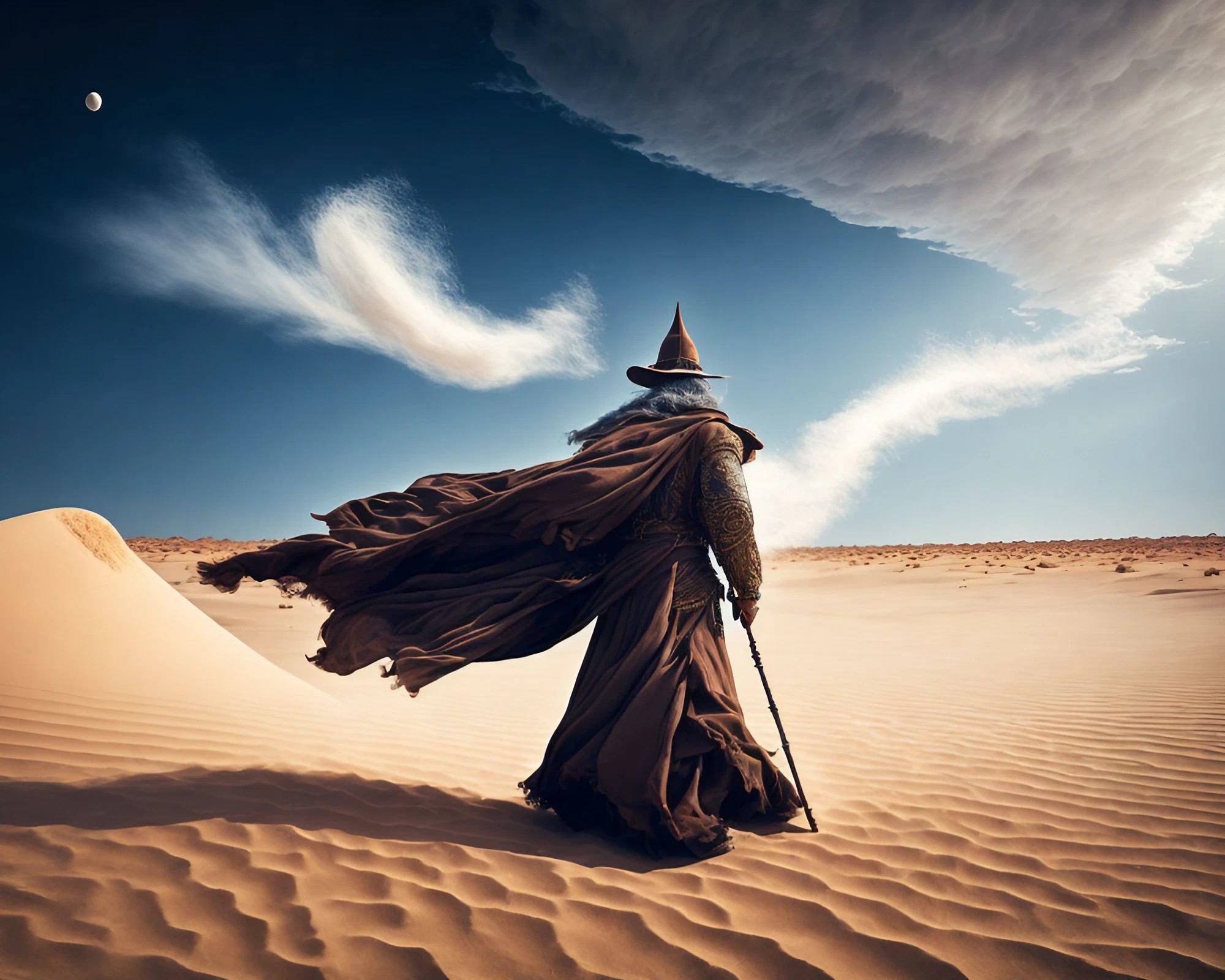 砂漠の中を歩く魔法使いの後ろ姿＆砂嵐と夜空のかっこいい無料壁紙素材