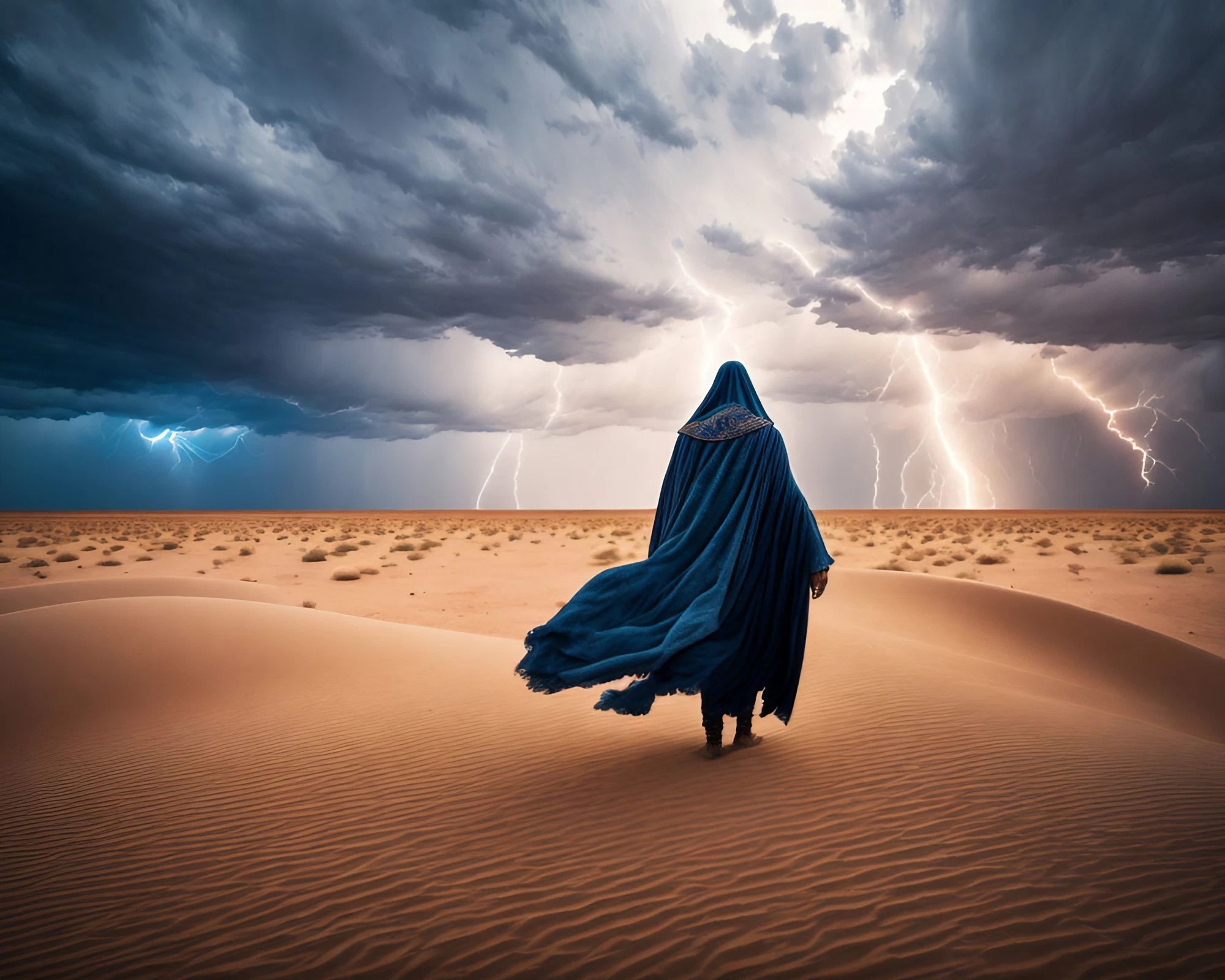 稲妻と砂漠の中を歩くかっこいい魔法使いの後ろ姿＆台風とサンダーストームの無料壁紙素材