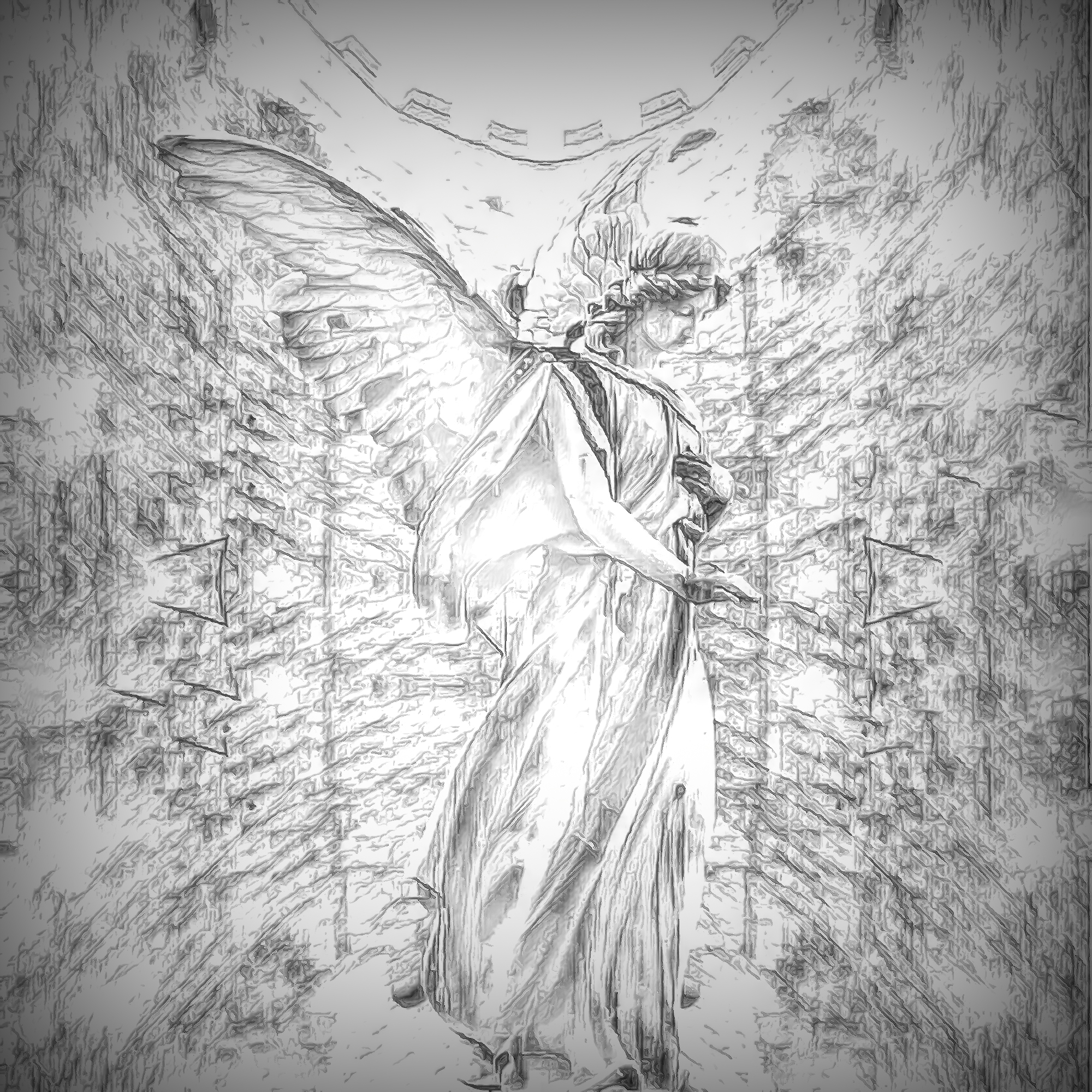 静かに佇む天使＆マリアの彫刻：モノクロ