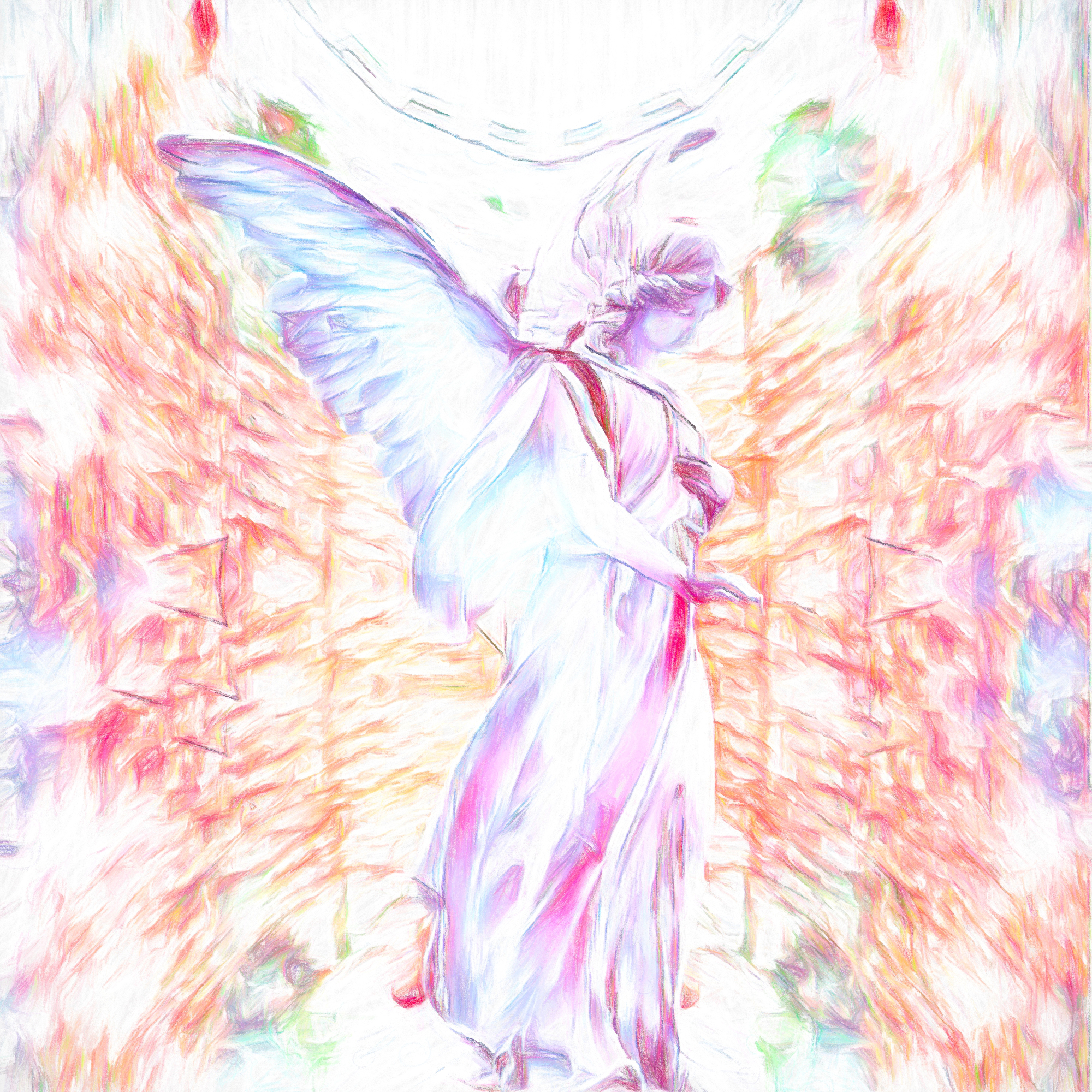 静かに佇む天使＆マリアの彫刻：色鉛筆