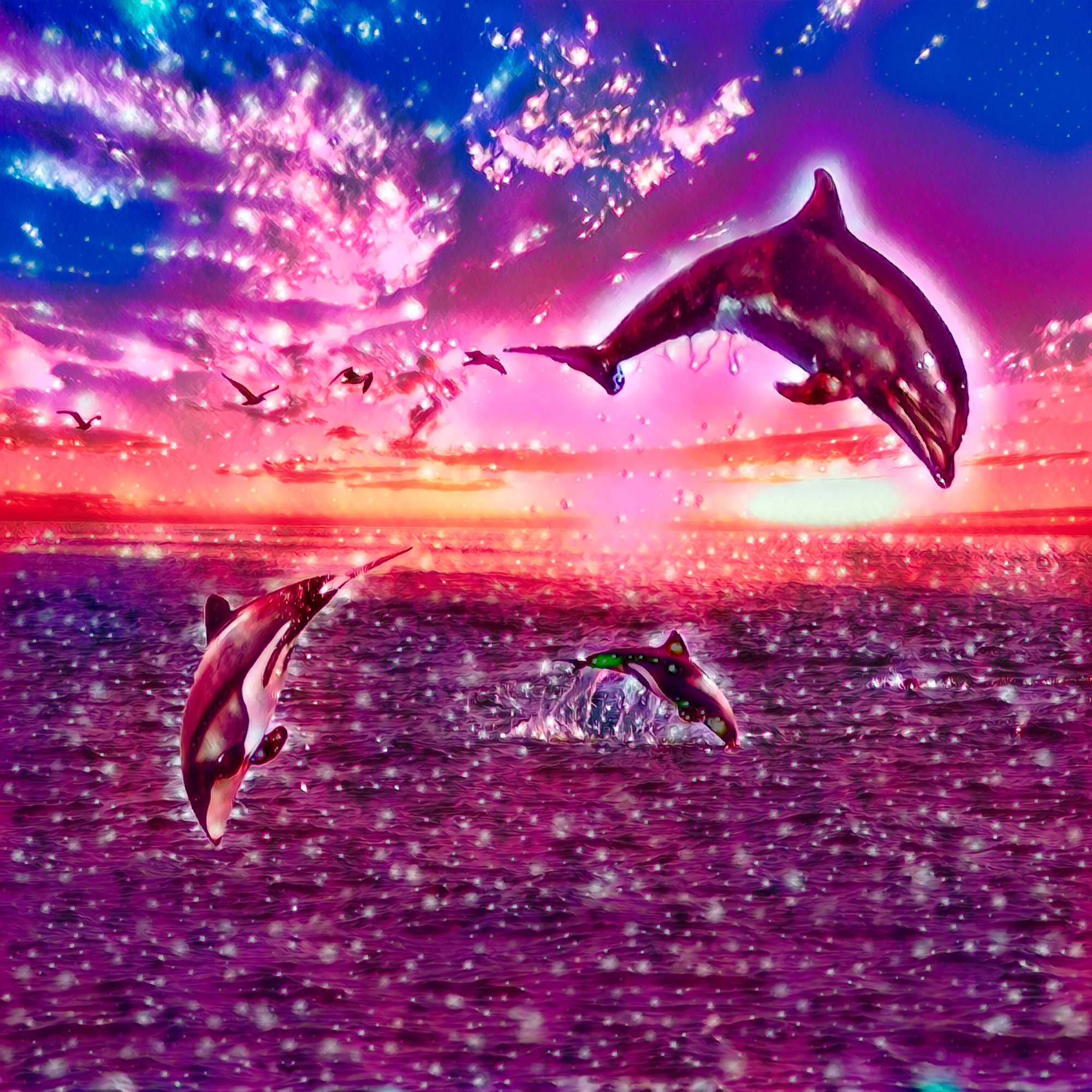 イルカのジャンプとキレイな星空＆夕暮れの海：カラフル