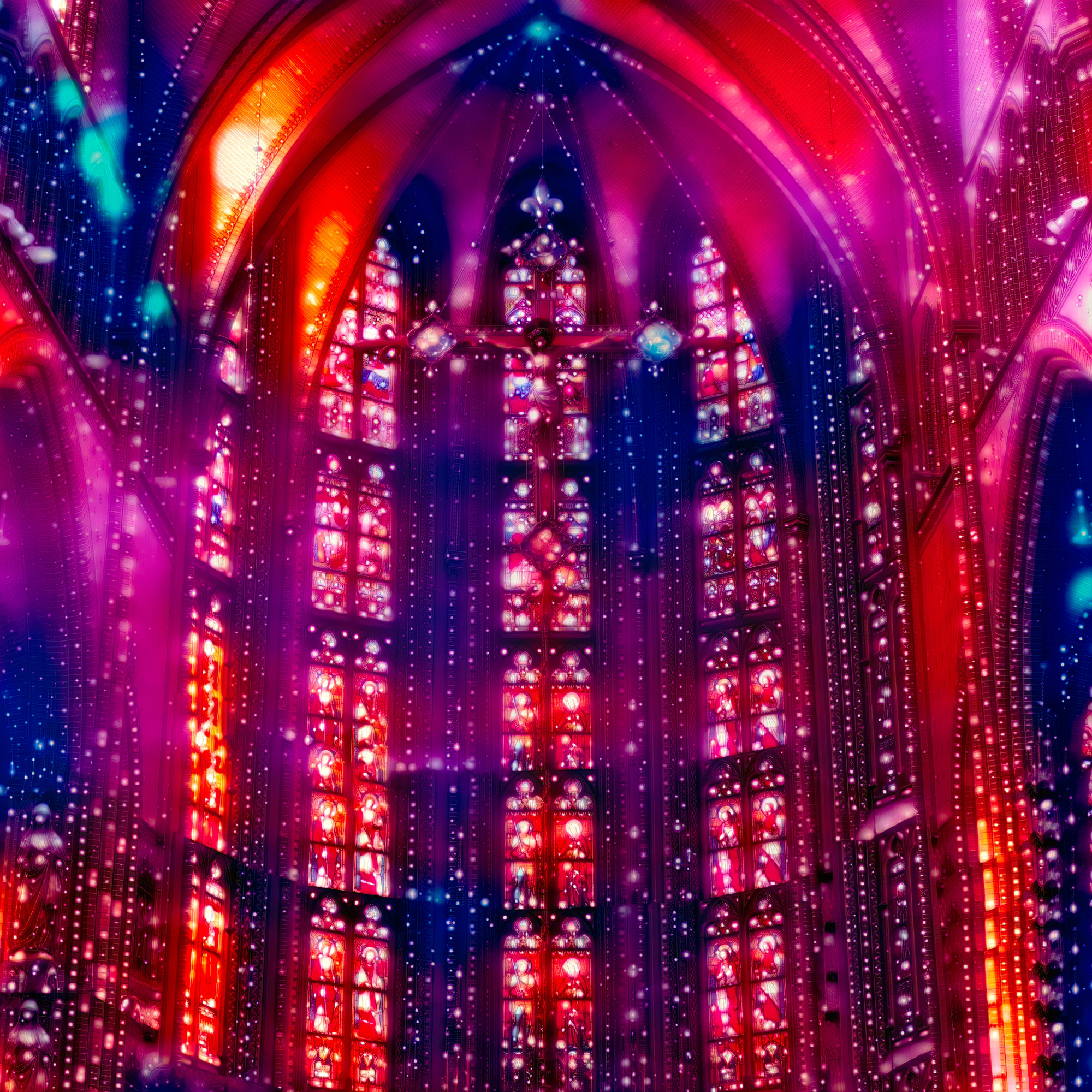 イルミネーションで神秘的に光る夜中の教会