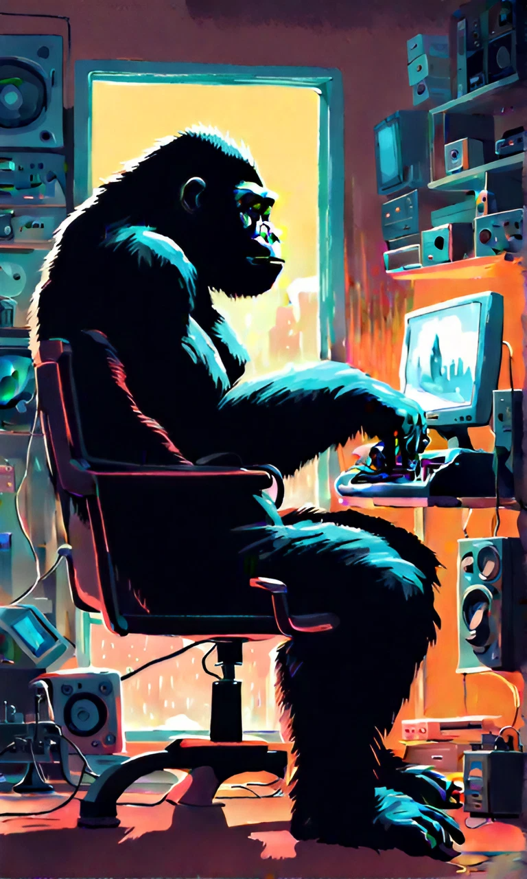 パソコンを使うゴリラ＆コンピューターの前に座る猿のカラフル無料リアル画像