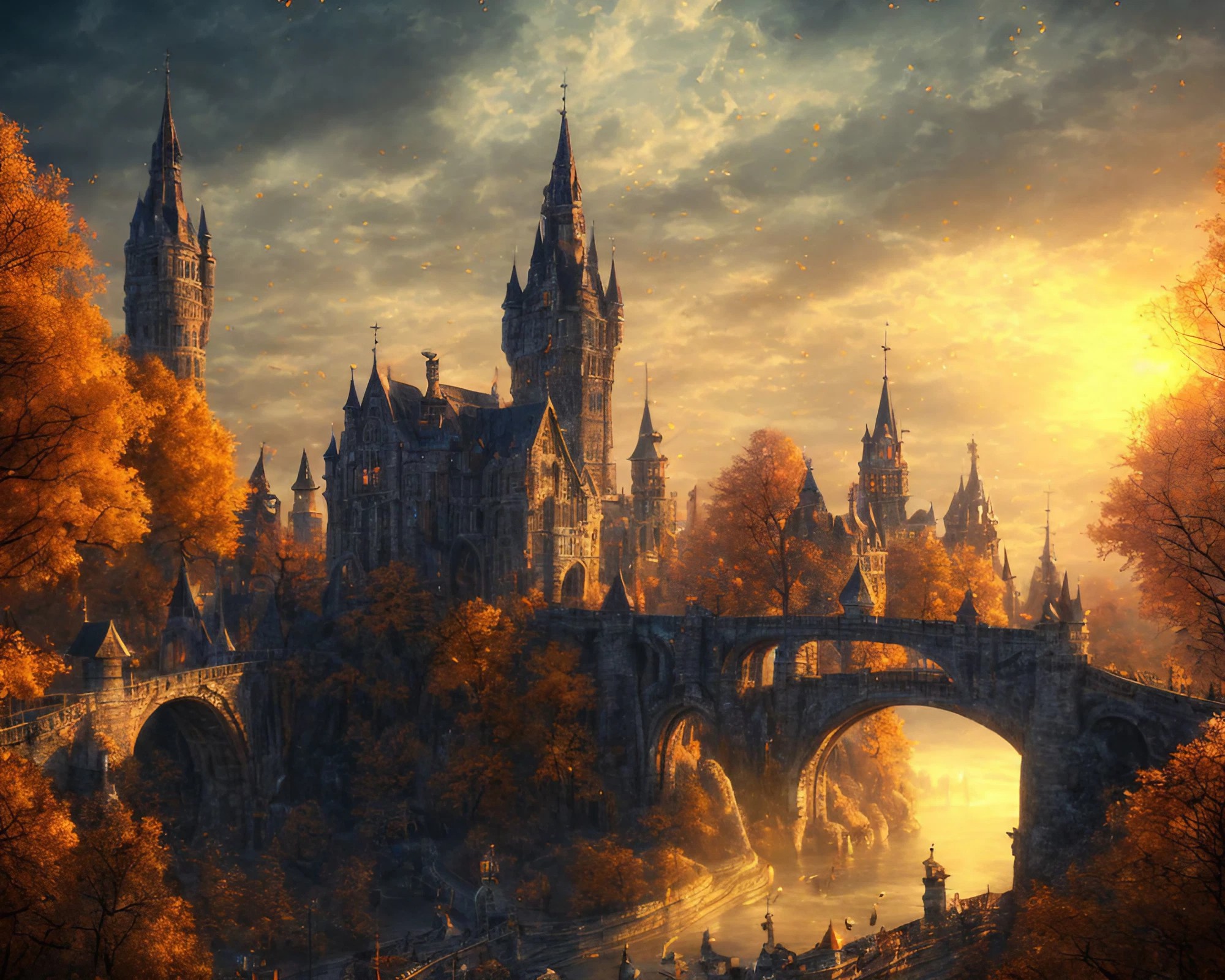 中世のRPG風な西洋のお城と夕日と美しい橋のリアルイラスト風景無料画像素材