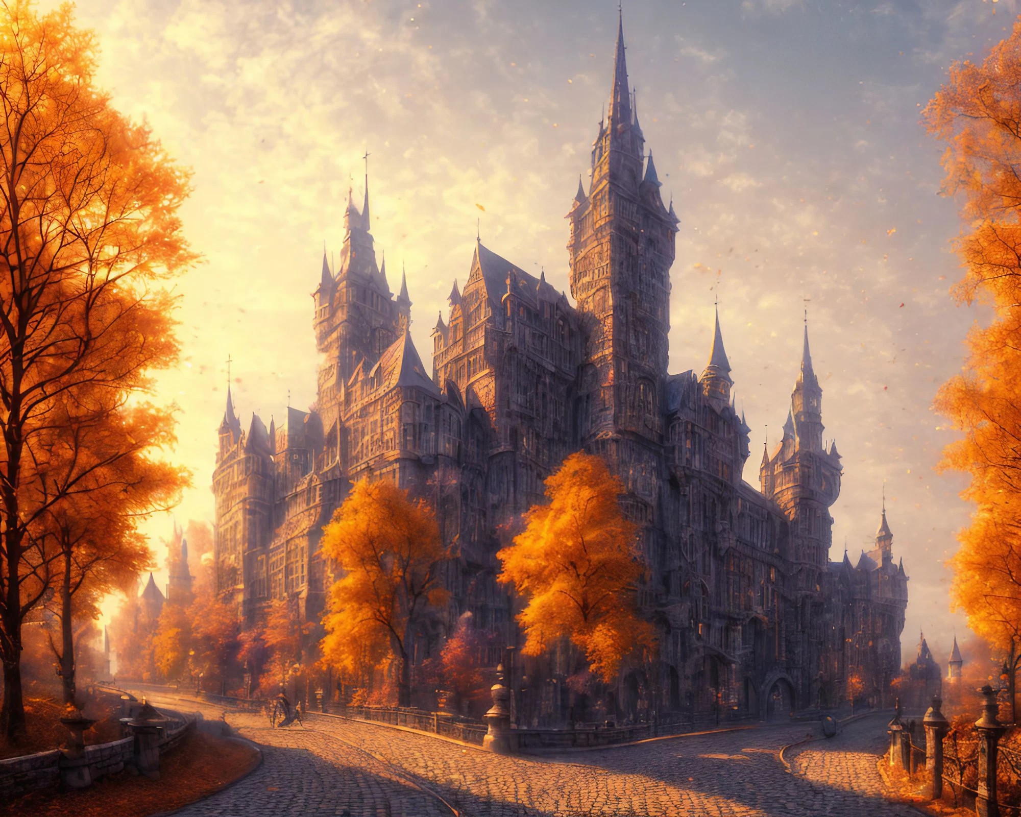 中世のファンタジーな西洋のお城ときれいな紅葉の美しいリアルイラスト風景無料画像素材