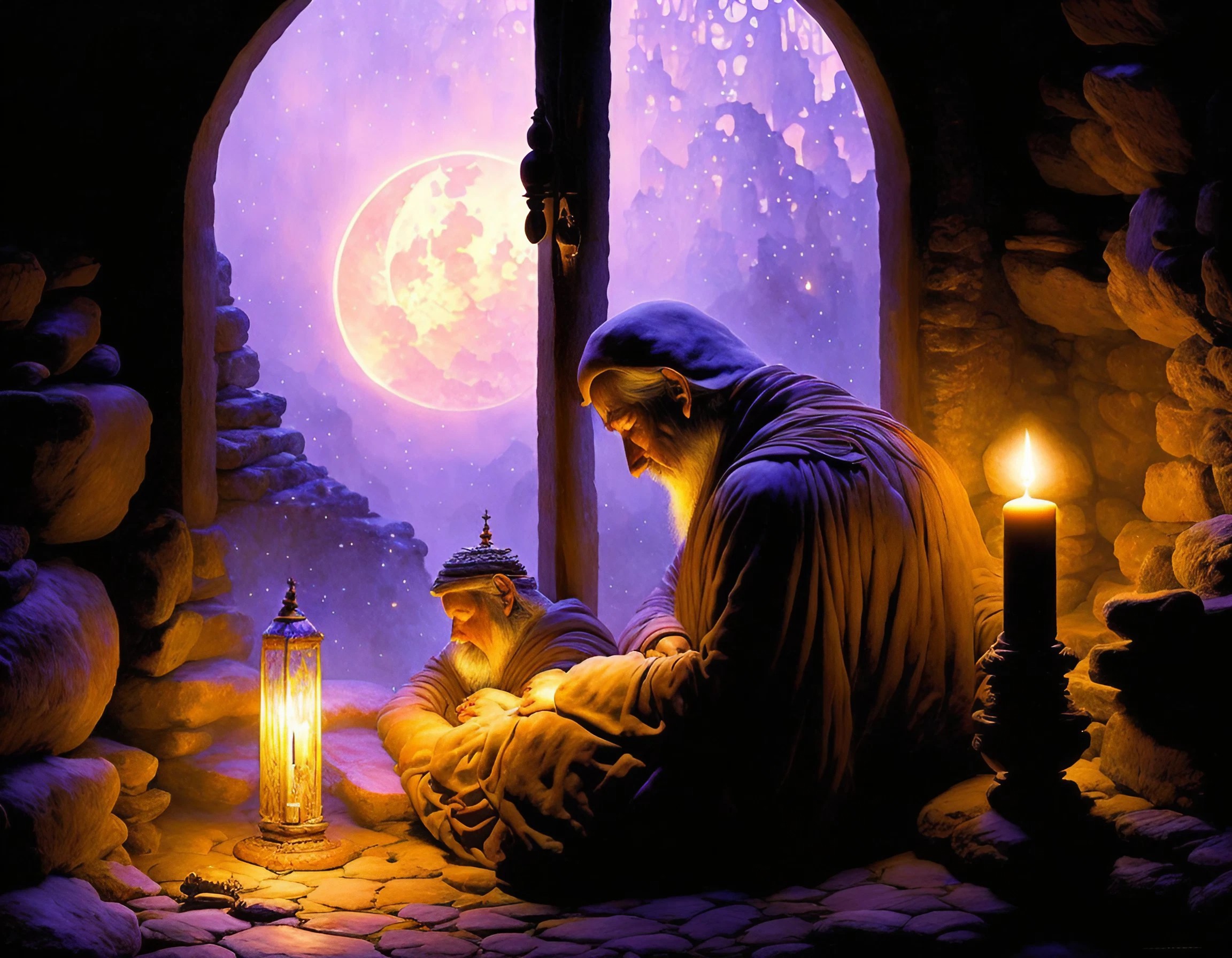 光り輝く洞窟と僧侶と美しい月のかっこいいファンタジー風お坊さんの無料イラスト画像