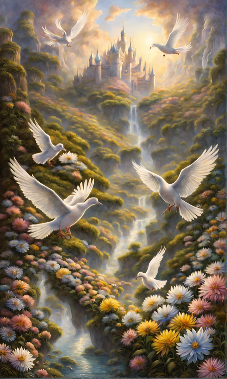 天国と花々から飛ぶ鳩＆ファンタジ－イーでメルヘンな幻想的な光景と無料リアルイラスト