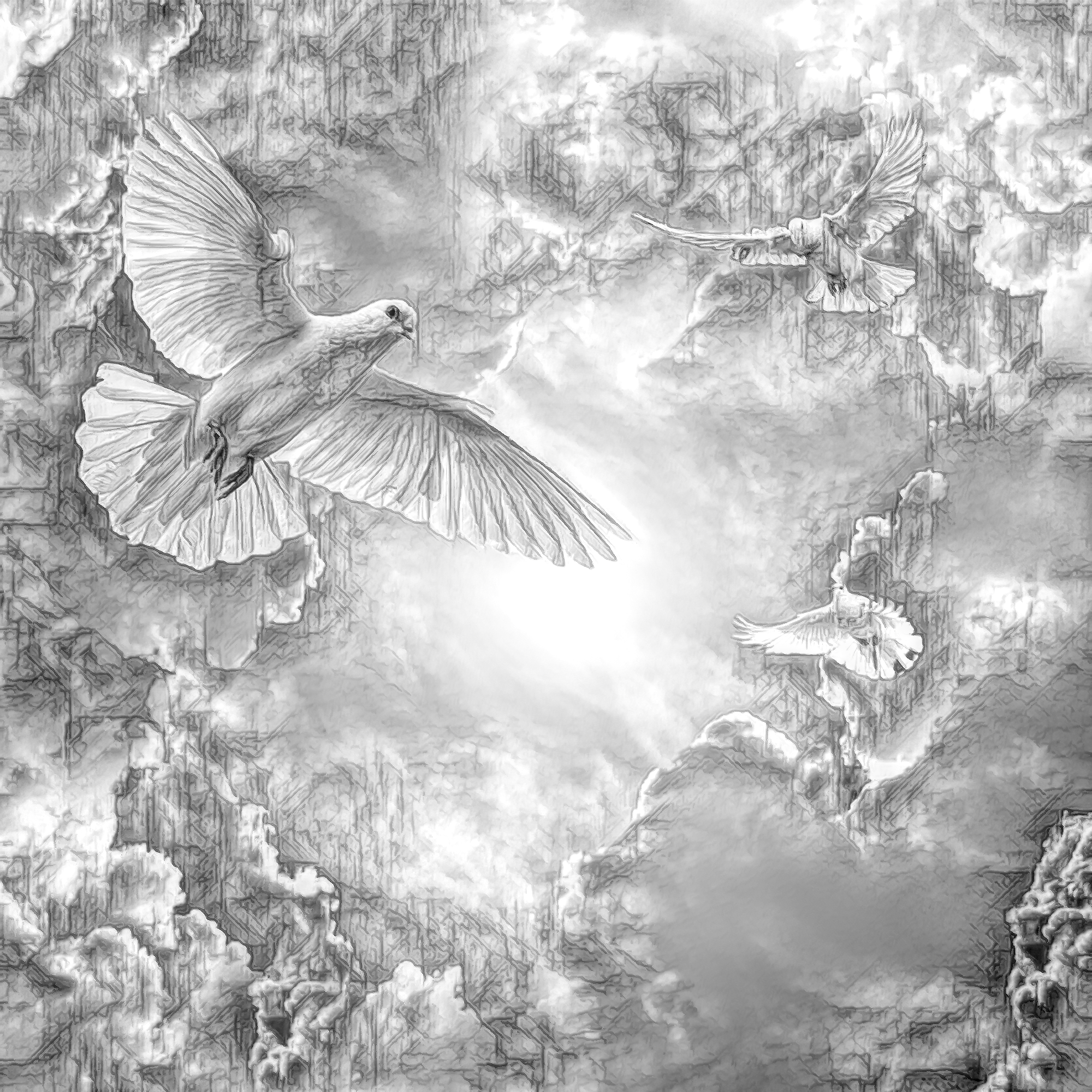 天国の光と空から天使のように飛ぶ鳩：モノクロ