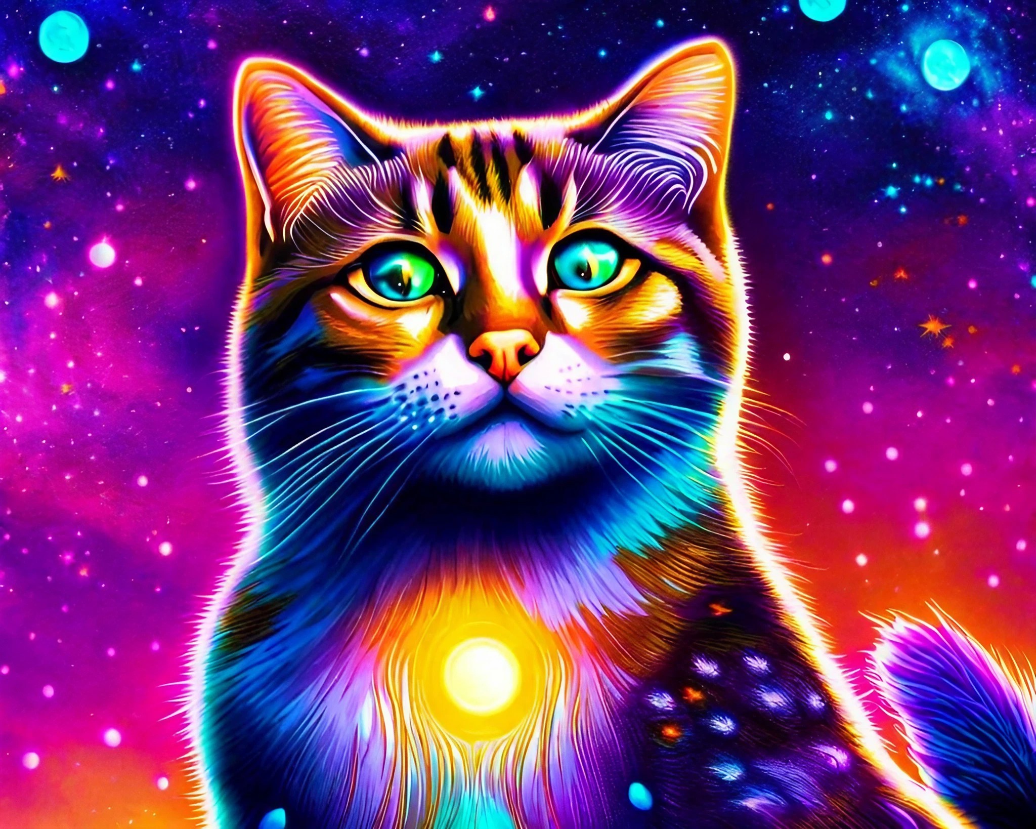 幻想的なカラフル星空とかっこいい青い目の猫の光り輝くファンタジー無料イラスト背景壁紙画像