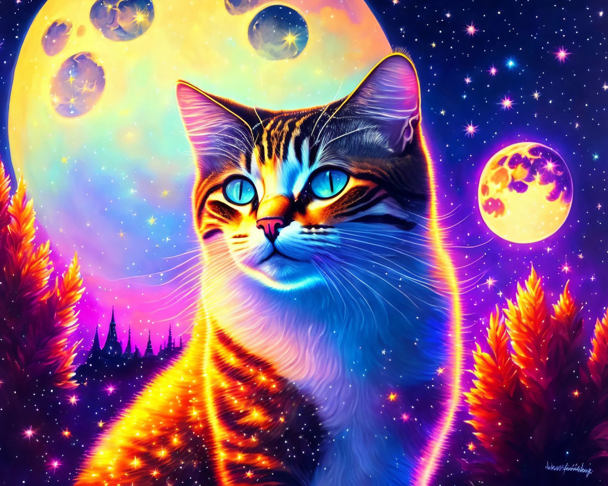 幻想的な星空と月＆かっこいい青い目の猫のファンタジー無料イラスト背景壁紙画像