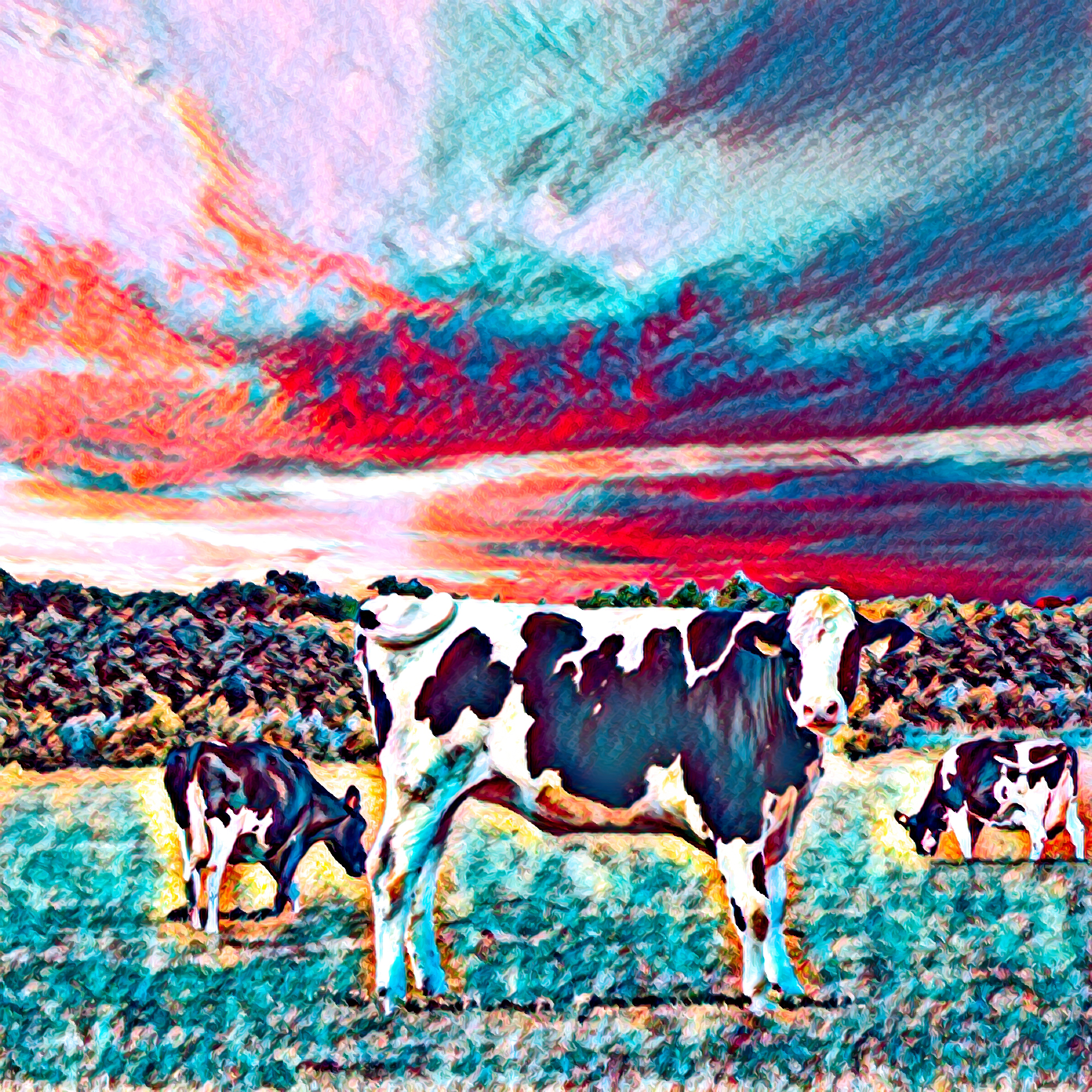 牧場の牛とカラフルできれいな夕日のイラスト