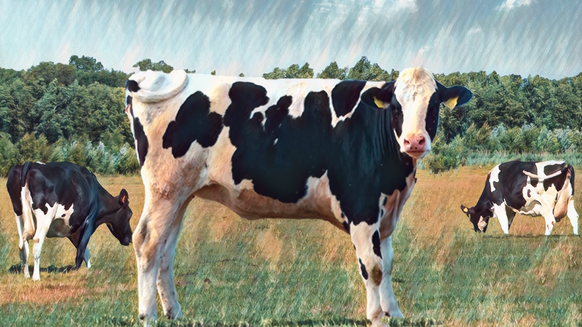 牧場の牛とカラフルできれいな夕日のイラスト リアル