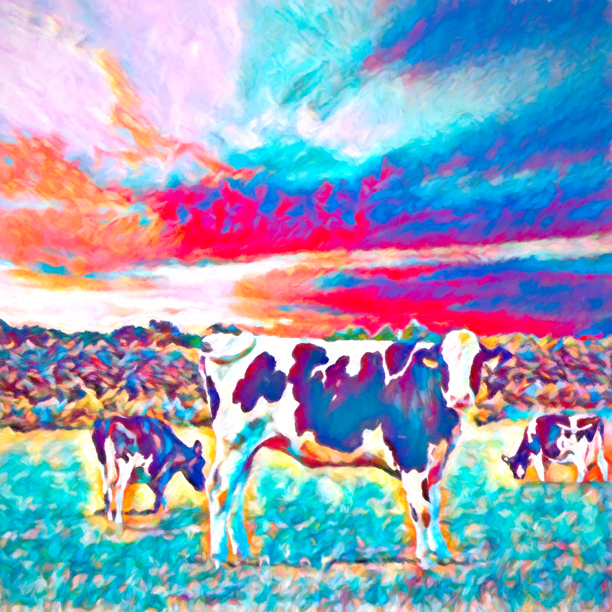 牧場の牛とカラフルできれいな夕日のイラスト：色鉛筆