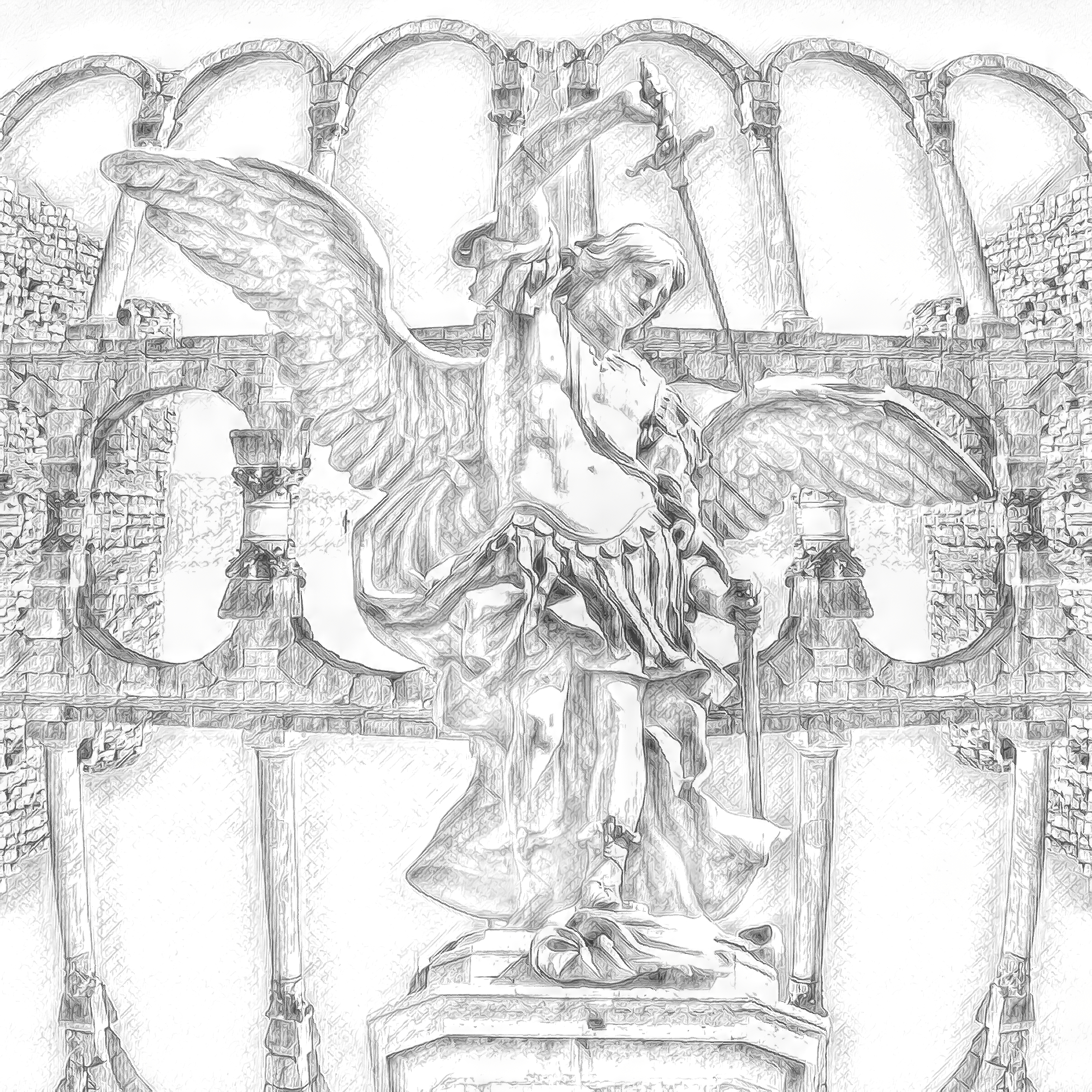翼と剣を抜く逞しい男性天使の彫刻：モノクロ