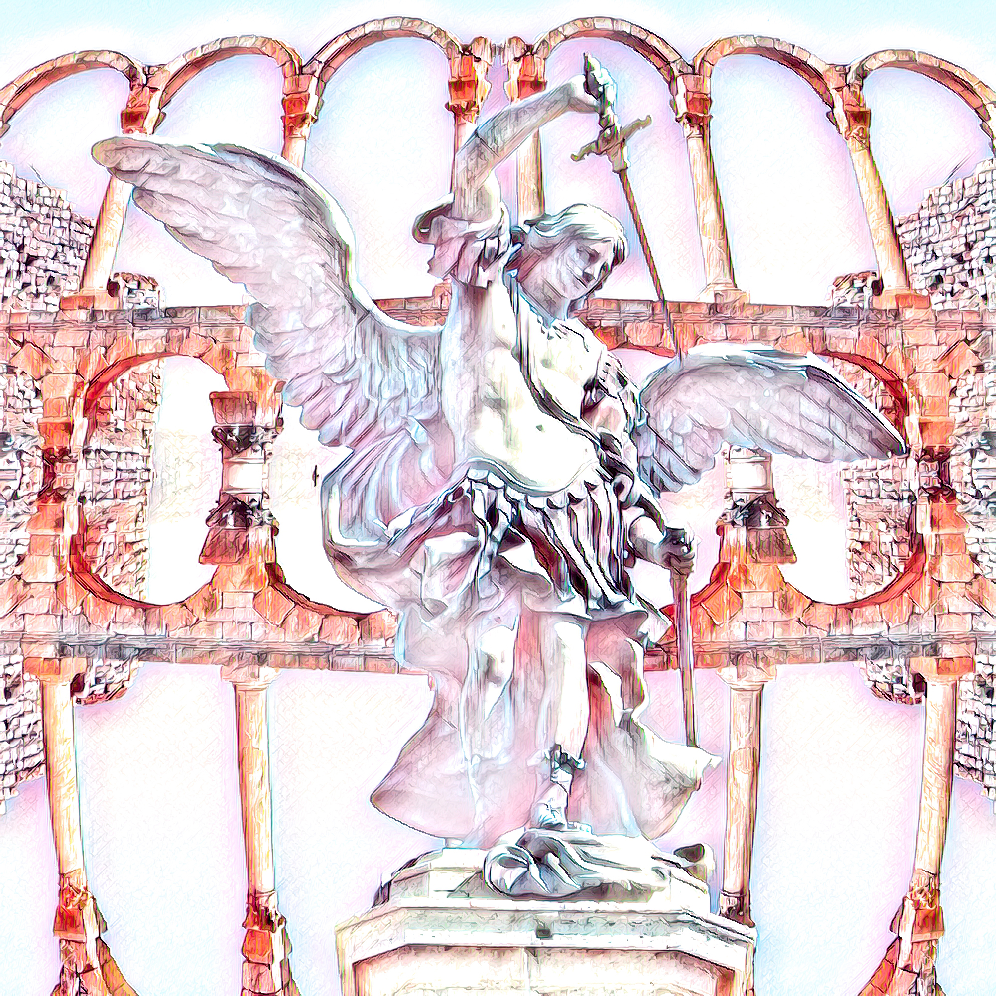翼と剣を抜く逞しい男性天使の彫刻：カラフル