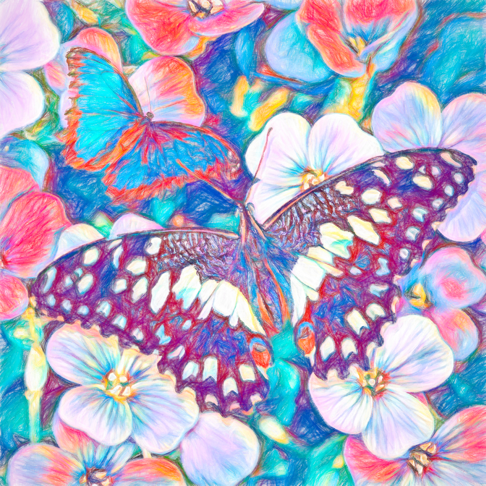 花々&スミレの上を飛ぶ蝶のカラフル絵：色鉛筆