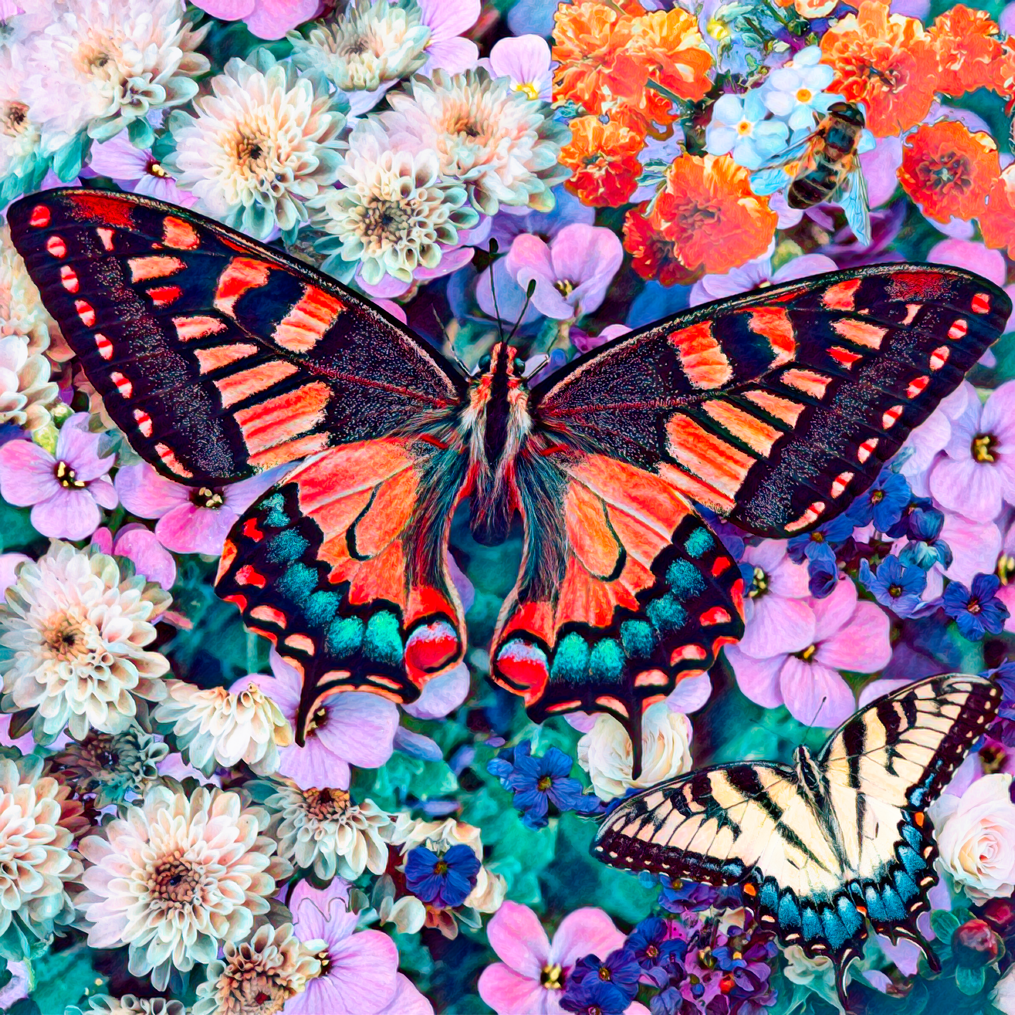カラフルな花ときれいな蝶イラスト