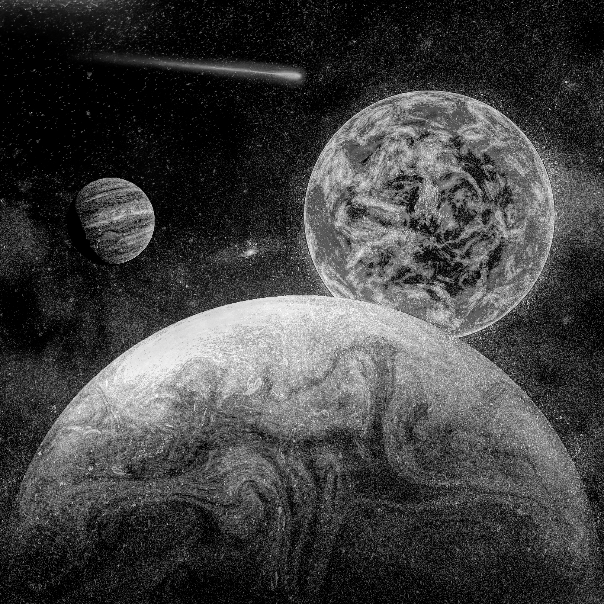 宇宙と惑星と太陽＆ビンテージポスター風SF 宇宙と太陽：モノクロ