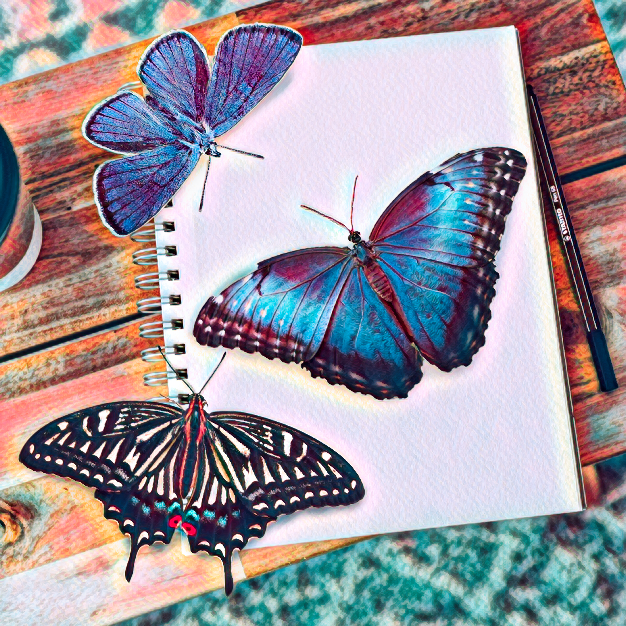 机の蝶とノートと色鉛筆風リアルなイラスト リアル